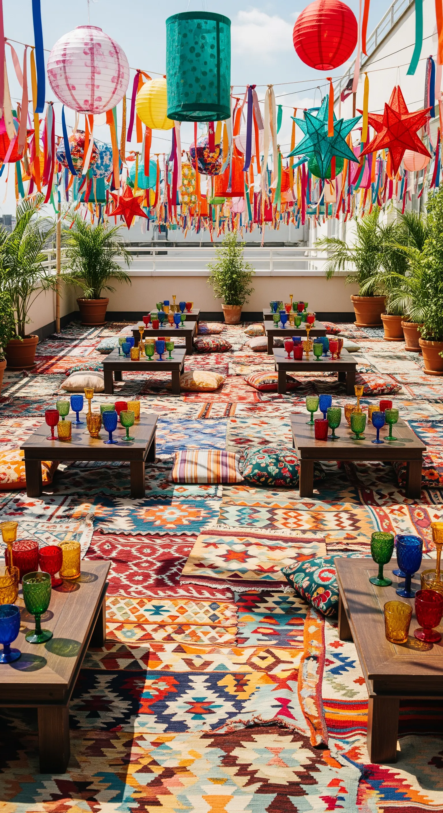 Terrazza allestita per una festa con patchwork di kilim, tavoli bassi e decorazioni colorate.