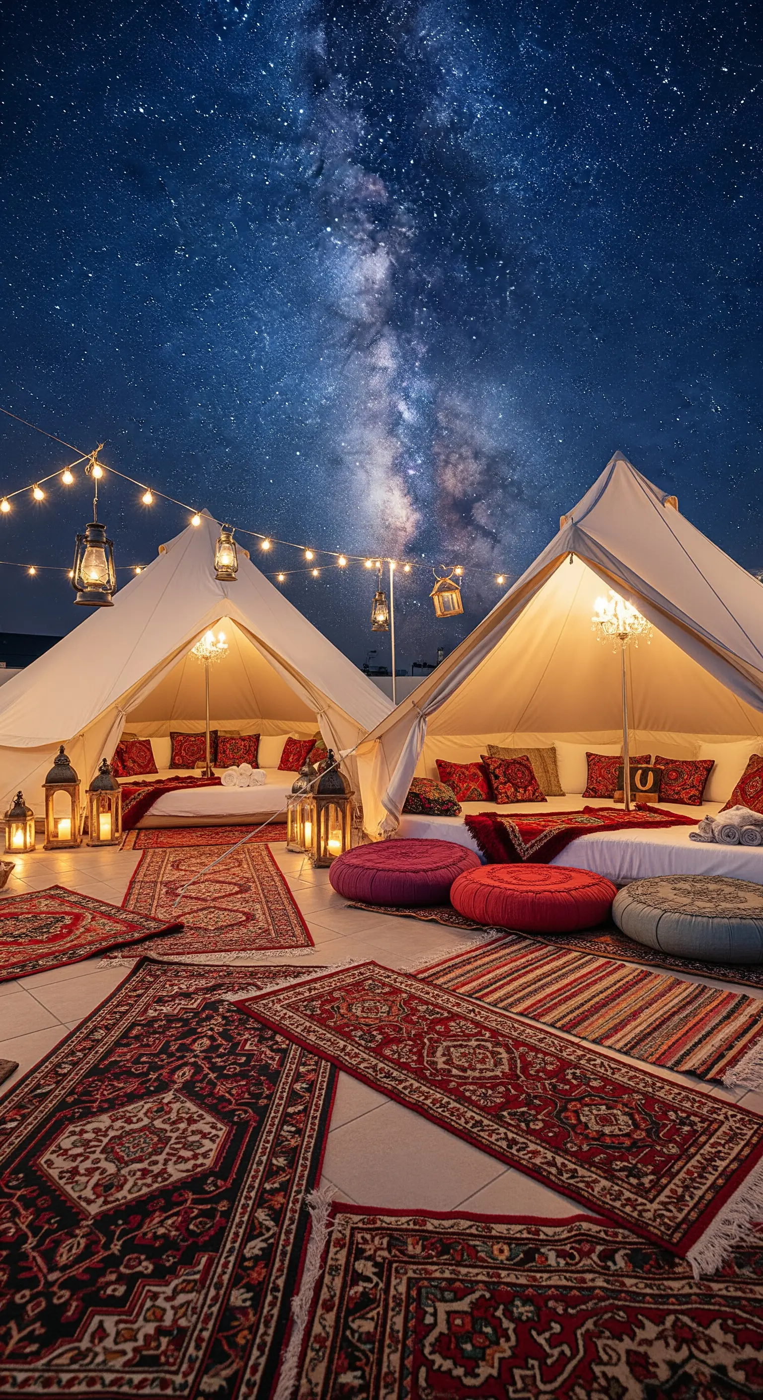 Terrazza allestita con tende da glamping, tappeti persiani e lanterne sotto un cielo stellato.