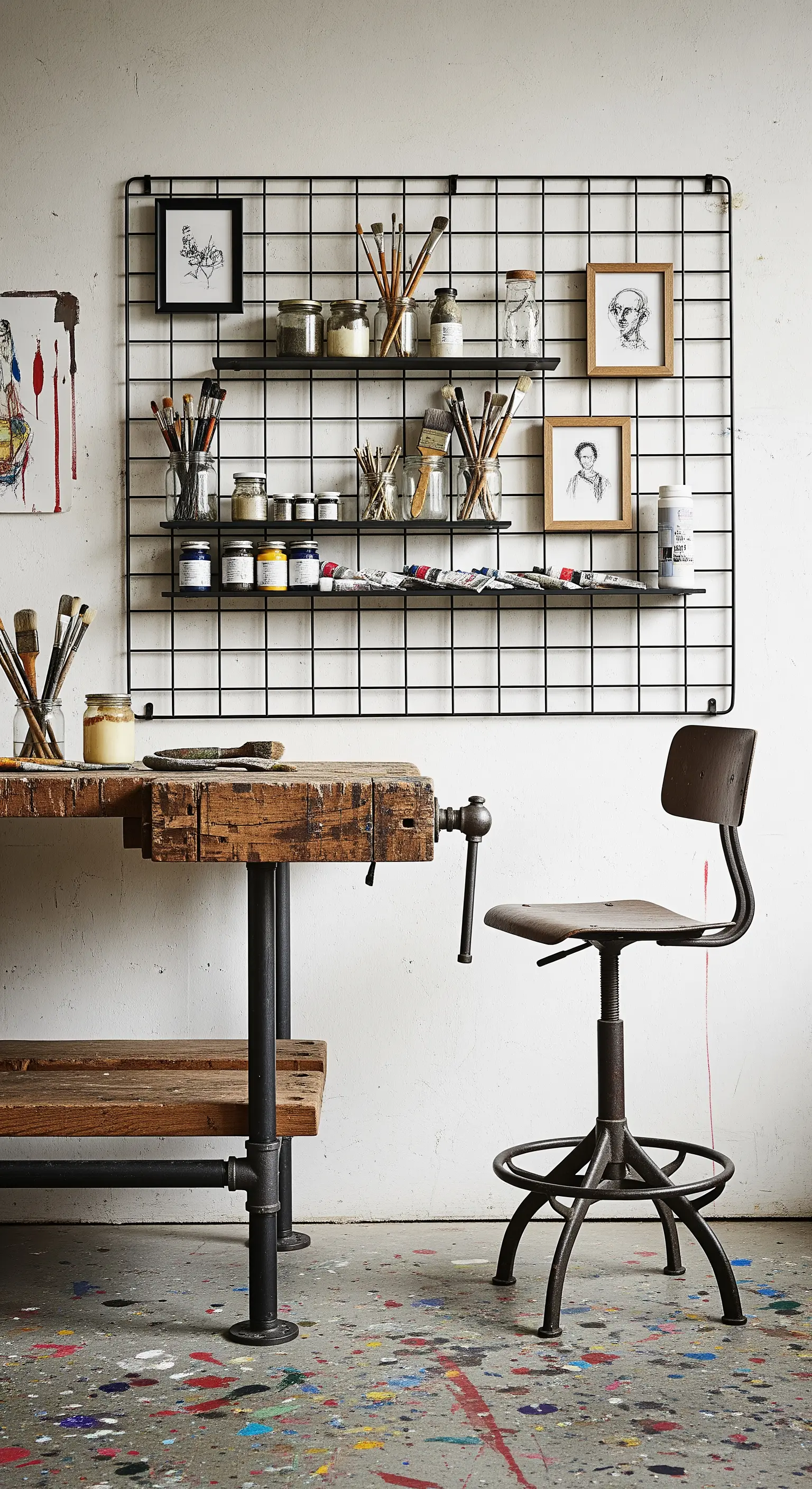 Pannello a griglia in metallo nero usato come organizer da parete in uno studio d'artista.
