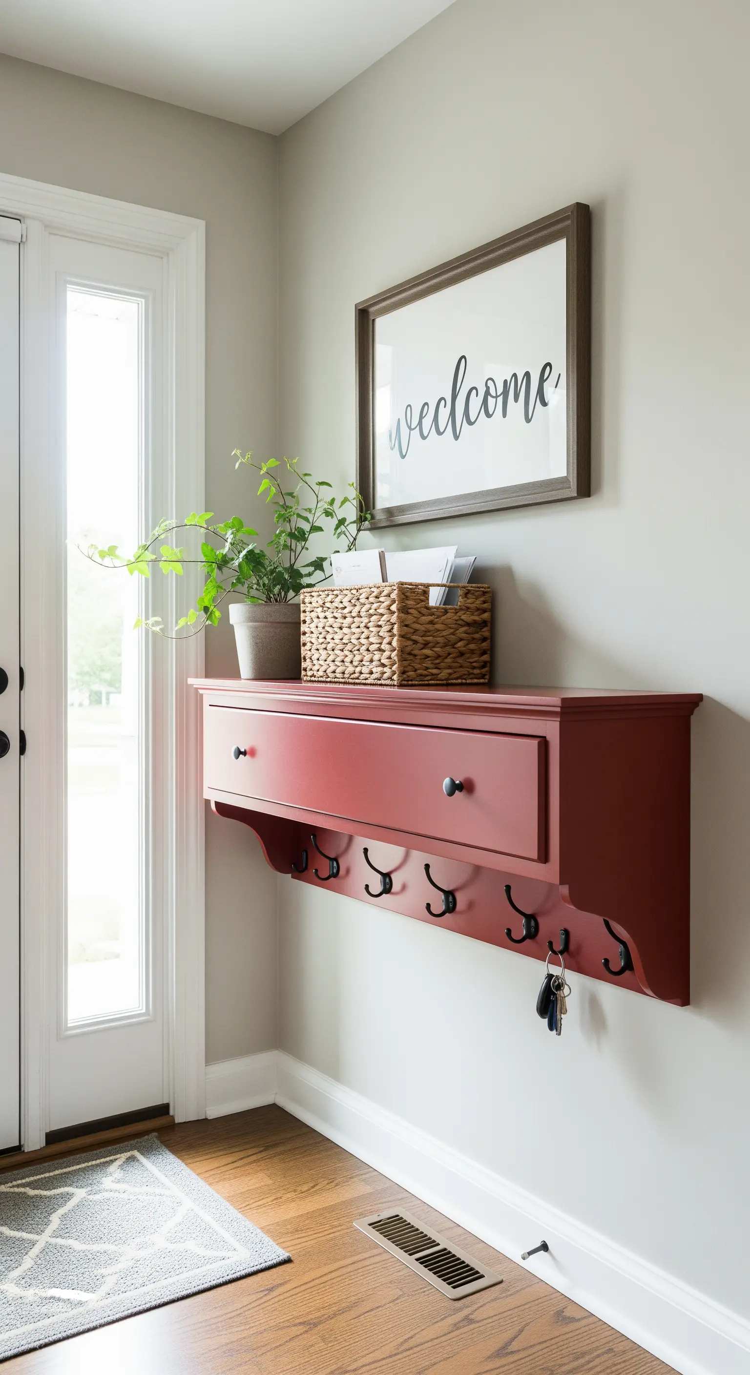 Consolle sospesa rossa, ricavata da un cassetto, con ganci appendichiavi integrati.