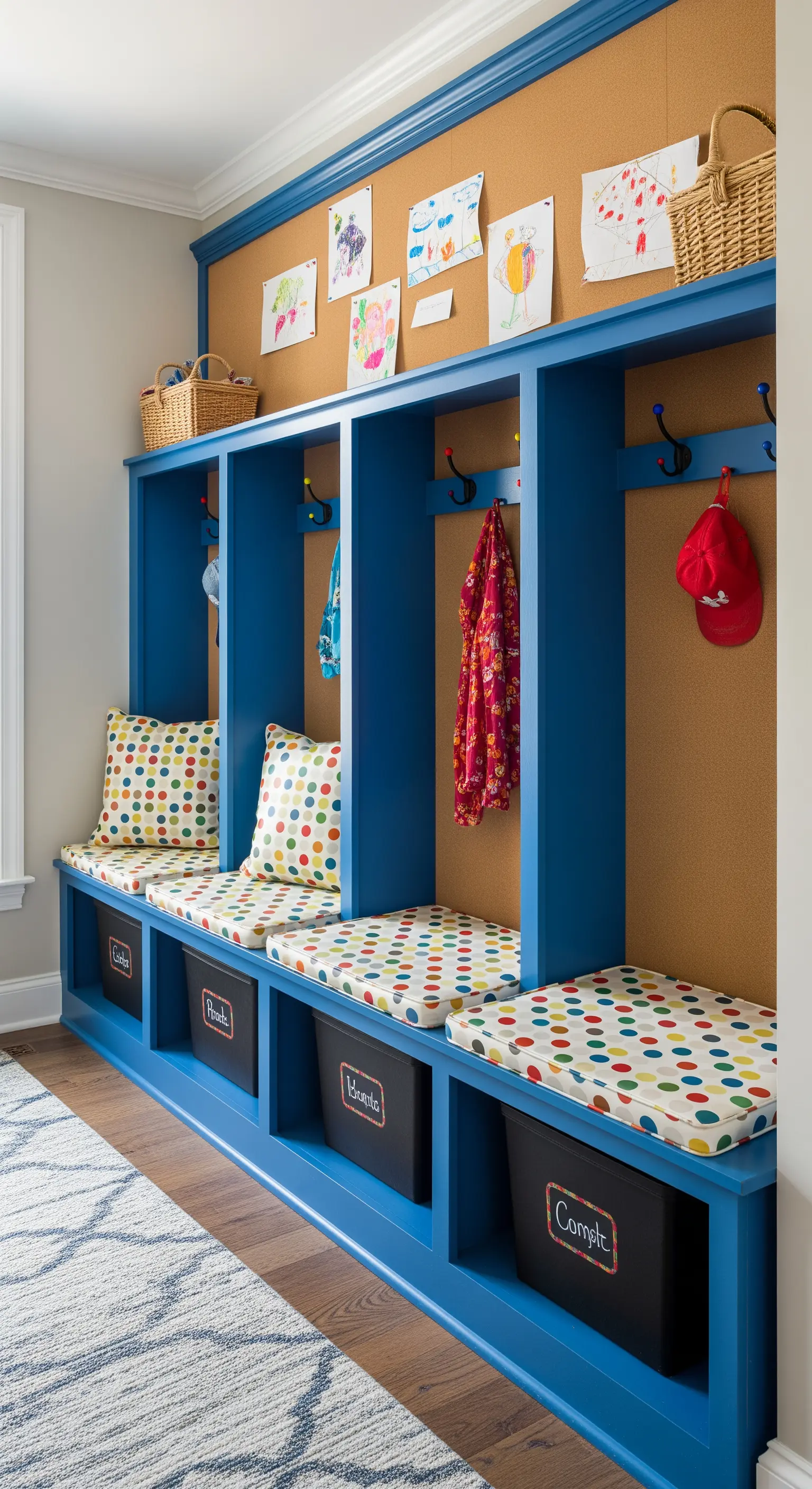 Armadietti blu per bambini con fondo in sughero per appendere disegni e cuscini a pois.