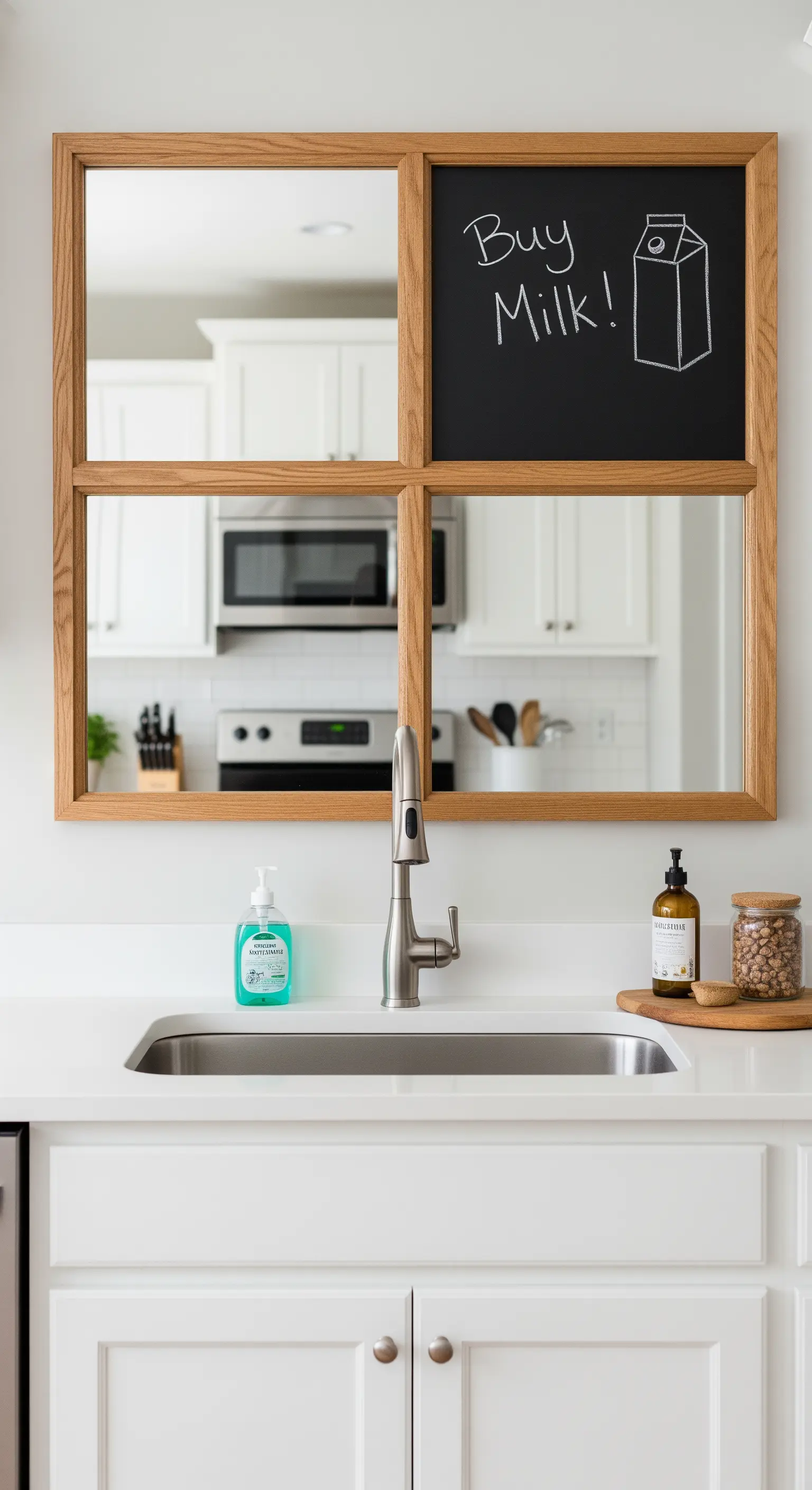 Specchio-finestra in legno con un riquadro trasformato in lavagna, sopra un lavello da cucina.