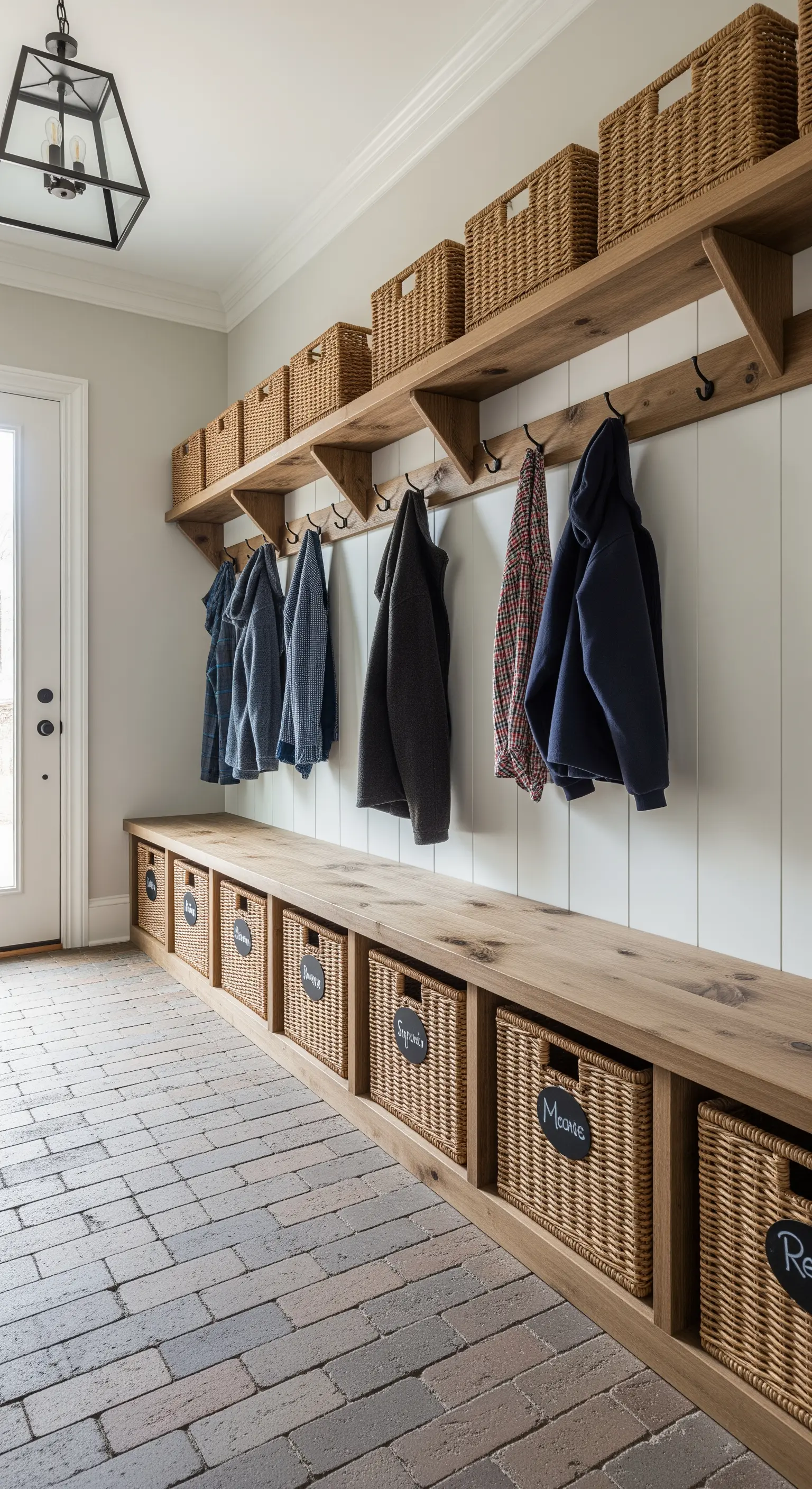 Lungo ingresso con panca in legno, mensole e numerosi cesti etichettati per la famiglia.