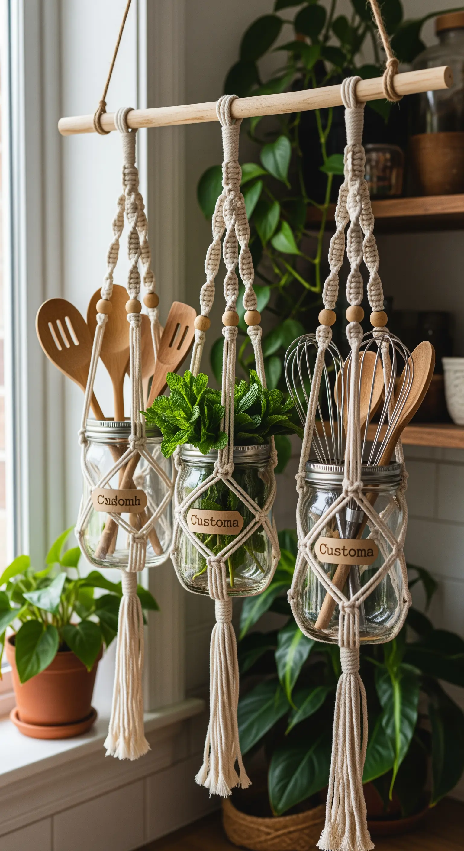 Barattoli di vetro sospesi con supporti in macramè a un bastone di legno.