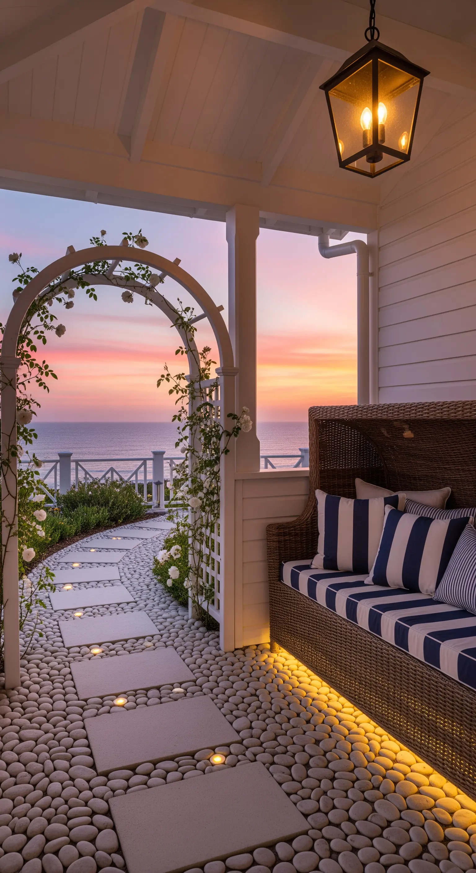 Portico vista mare con panca in vimini, arco di rose bianche e sentiero di ciottoli.