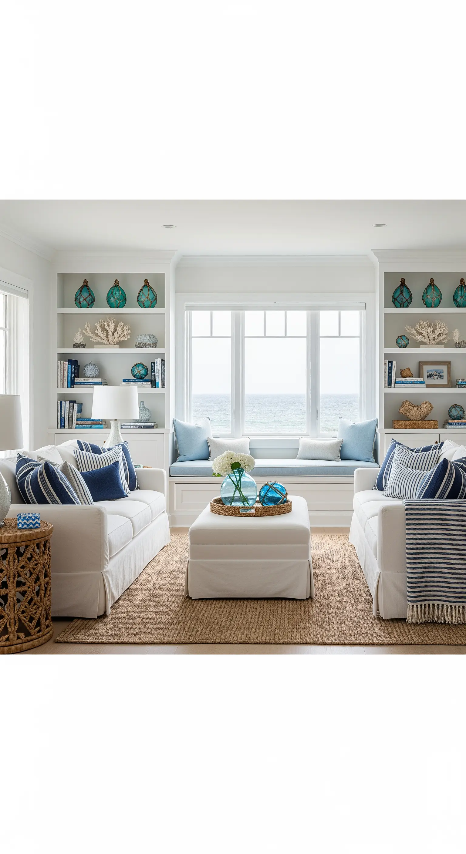 Soggiorno costiero con panca sottofinestra, divani bianchi e accenti blu, vista mare.