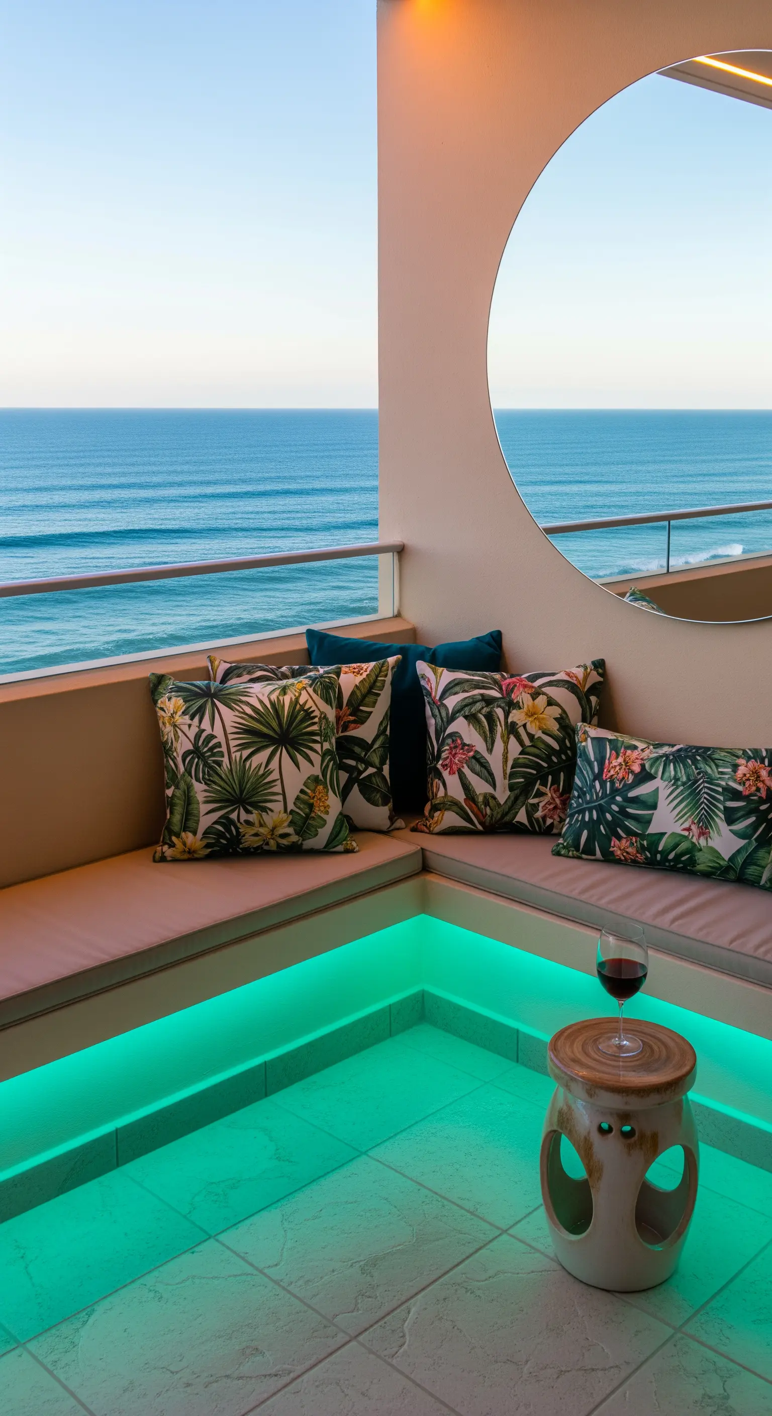 Balcone con vista mare, panca angolare con illuminazione LED verde acqua e specchio tondo a parete.