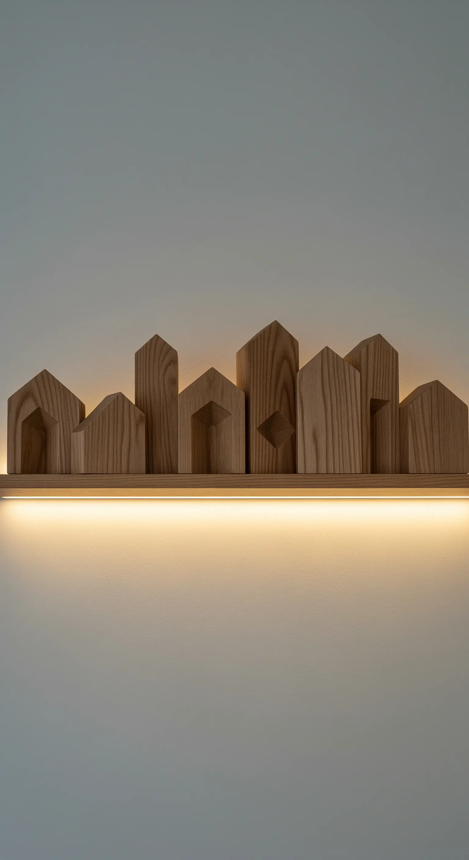 Silhouette astratta di case in legno massiccio su una mensola retroilluminata con luce calda.