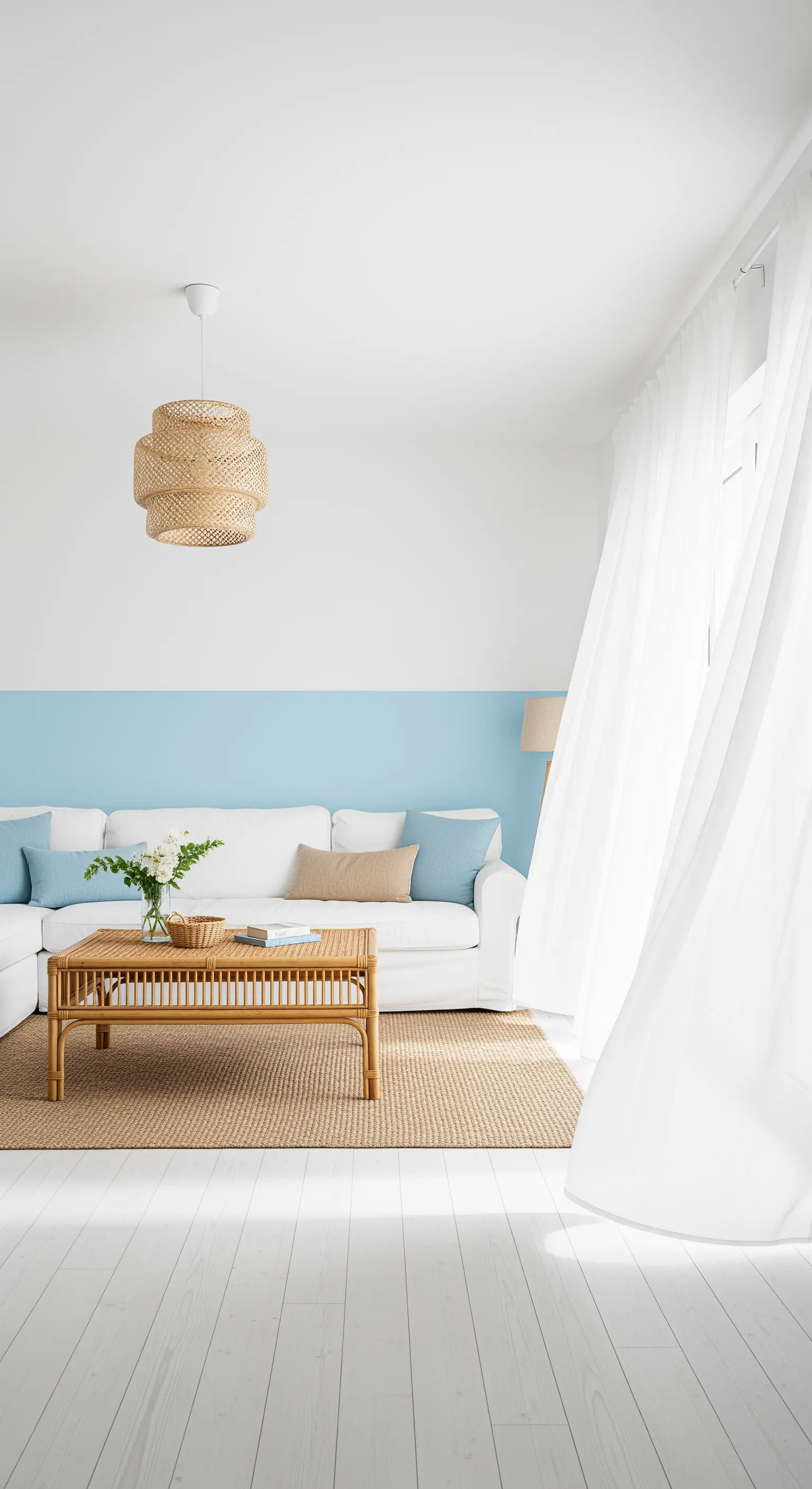 Salotto luminoso con mezza parete azzurra e divano bianco in stile costiero.