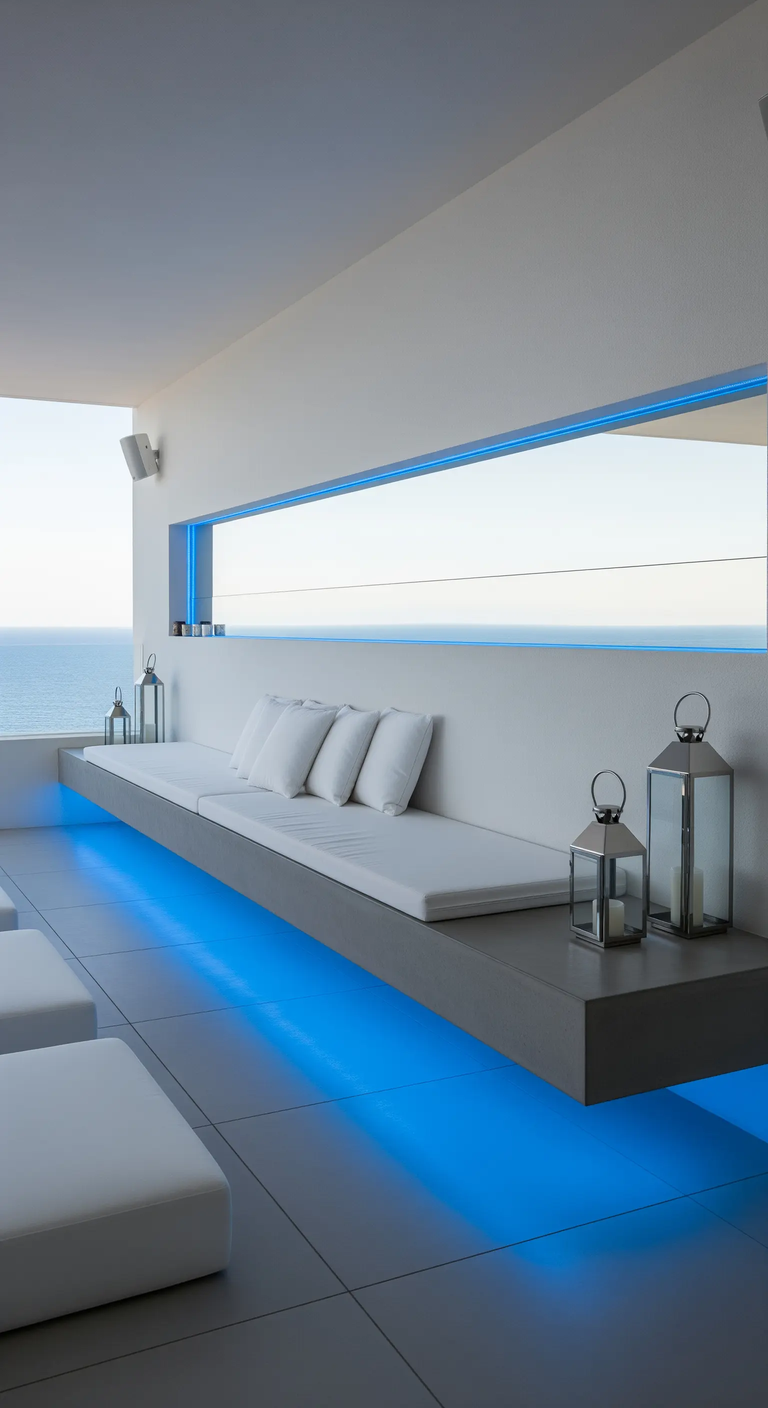 Terrazza minimalista vista mare con panca in muratura e illuminazione a LED blu sottostante.