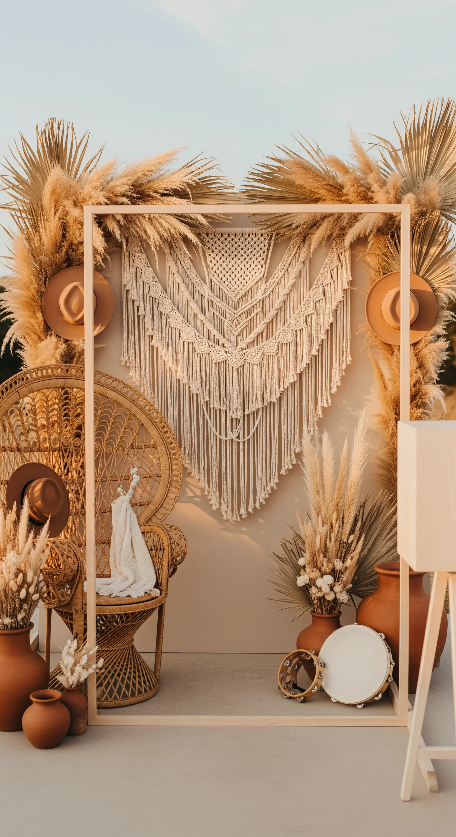 Allestimento photo booth boho-chic con macramè, sedia in rattan, erba della Pampa e toni neutri.