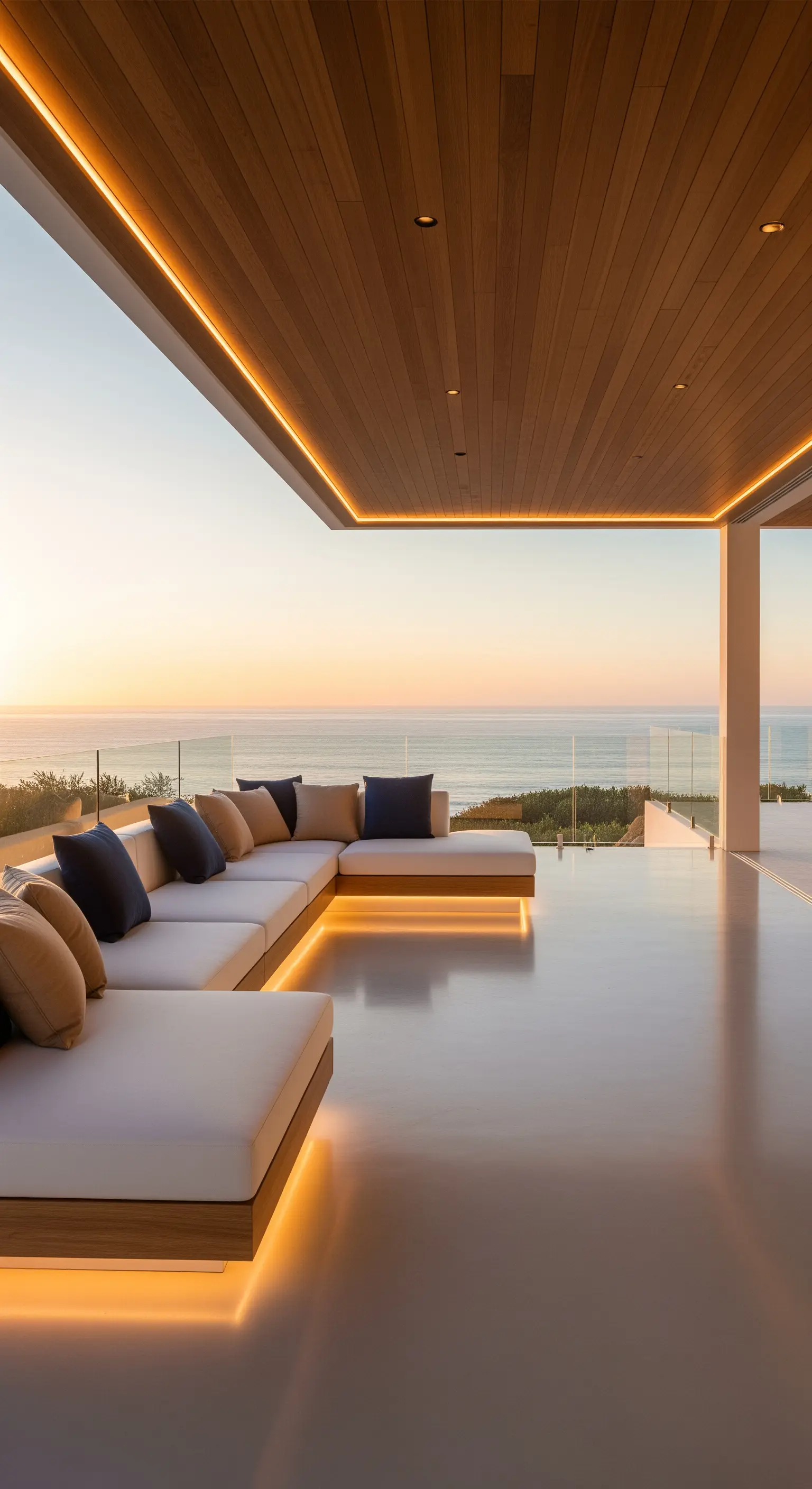Portico con vista mare, divano modulare bianco e illuminazione a LED integrata nel soffitto in legno