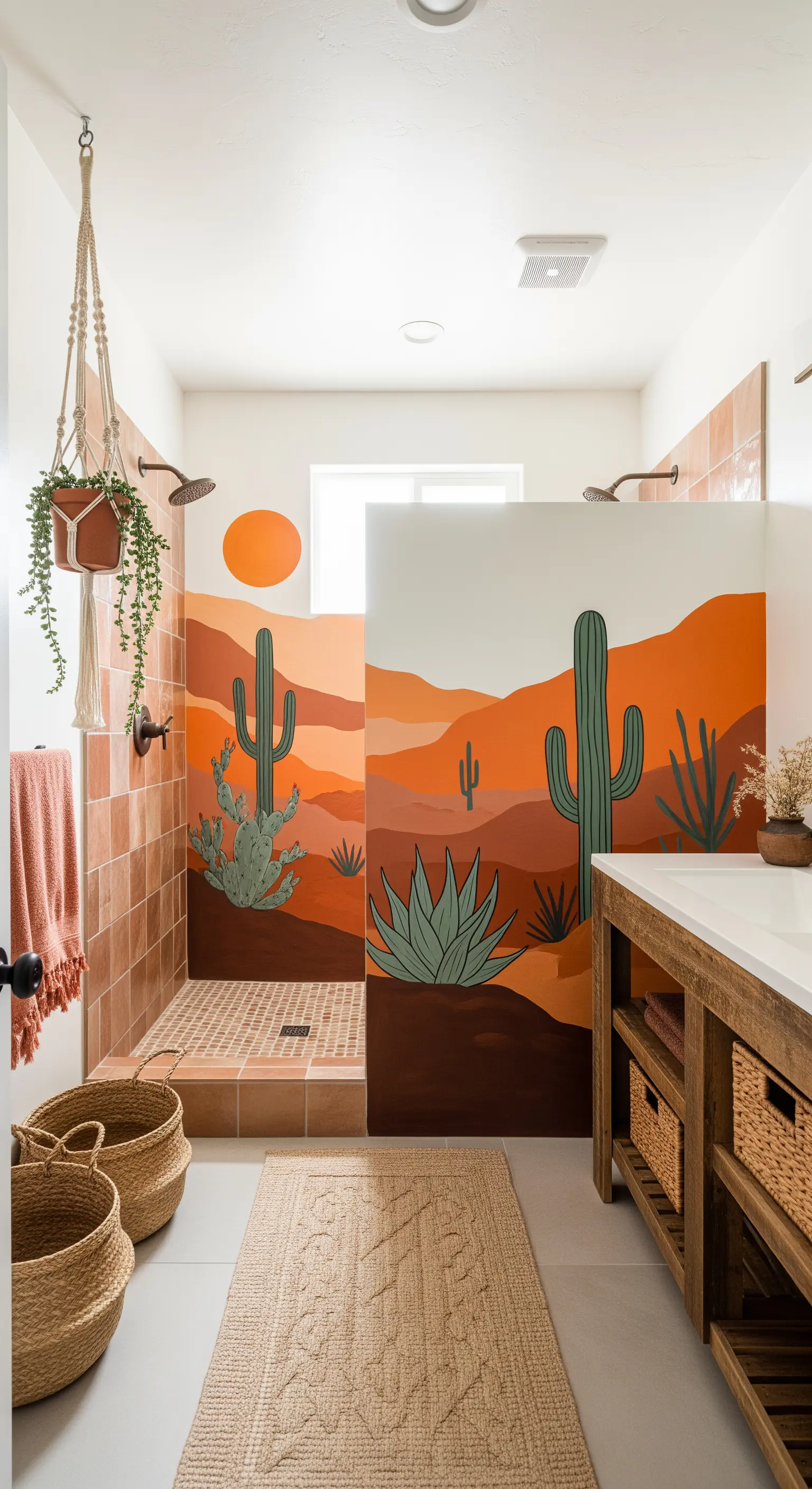 Bagno in stile desert-boho con murale di un paesaggio con cactus e piastrelle in cotto.
