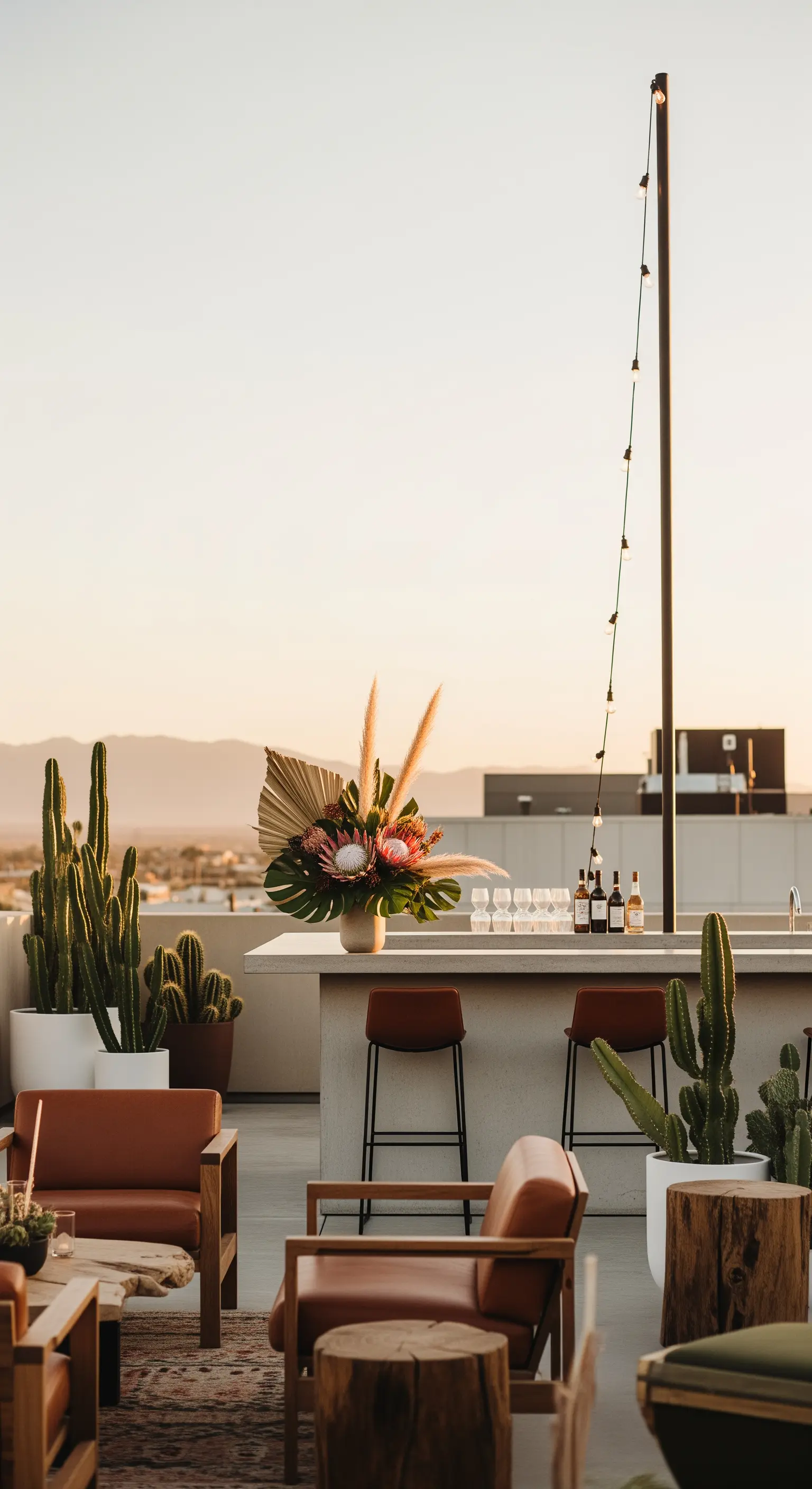 Rooftop desertico con bar in cemento, cactus, poltrone in pelle e vista sulle montagne.