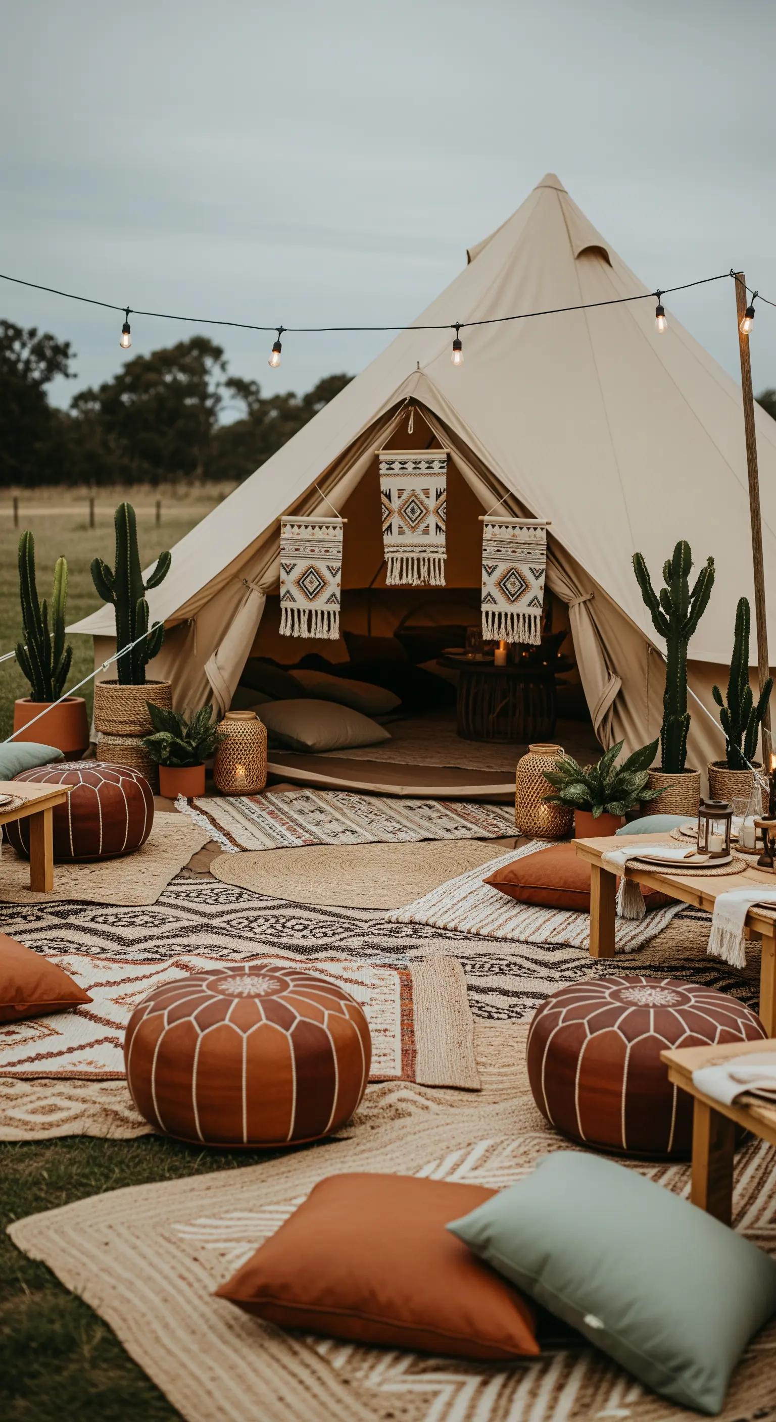 Allestimento in stile desertico con tenda beige, pouf in pelle, cactus e tappeti etnici.