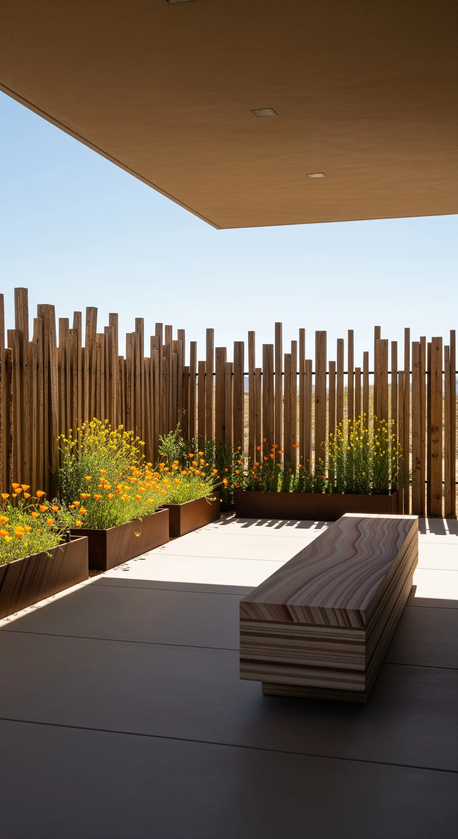 Patio moderno con panca in legno stratificato e recinzione a listelli verticali.