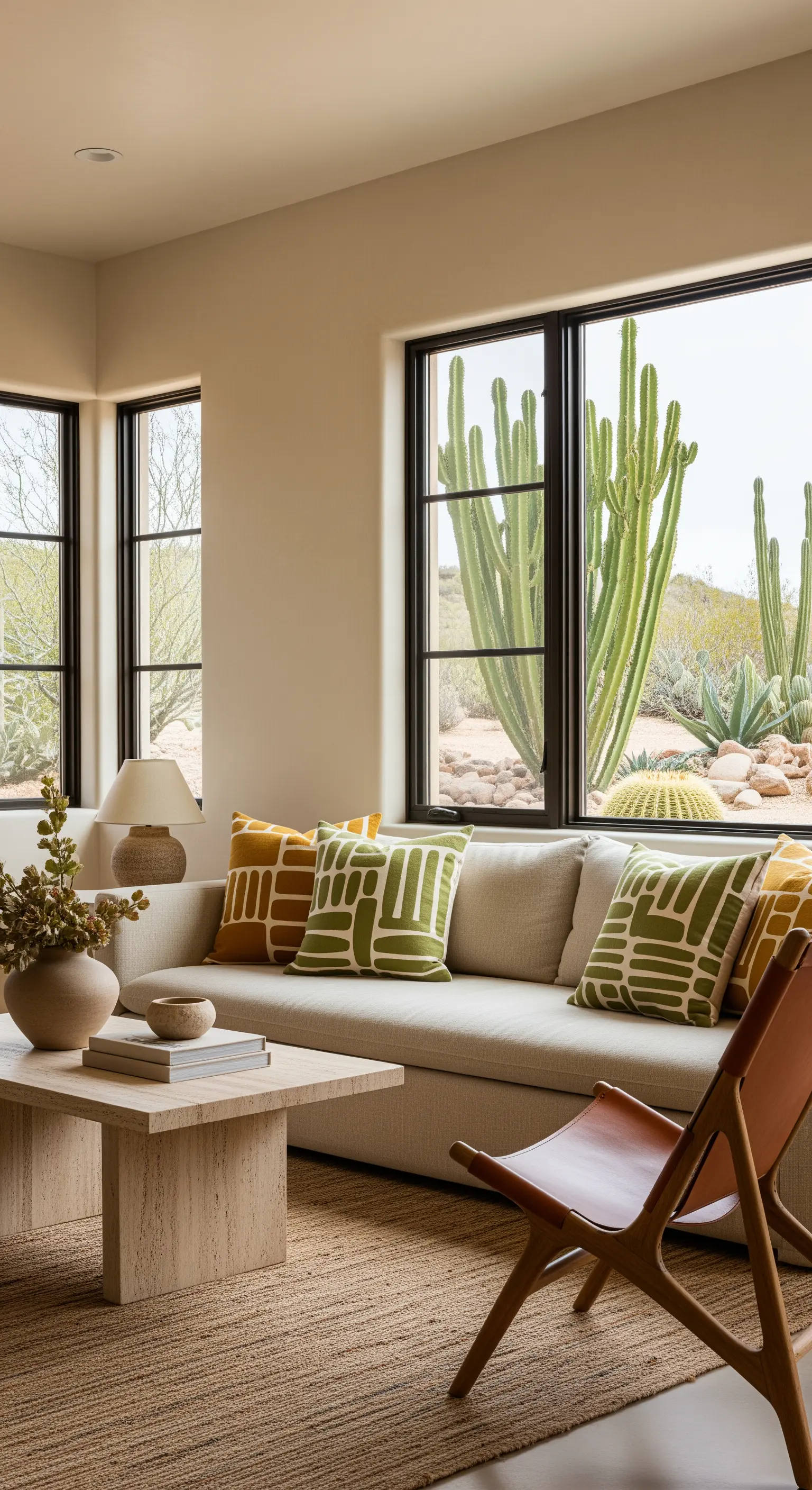 Soggiorno moderno con vista sul deserto, con cuscini a motivi grafici verdi e senape.