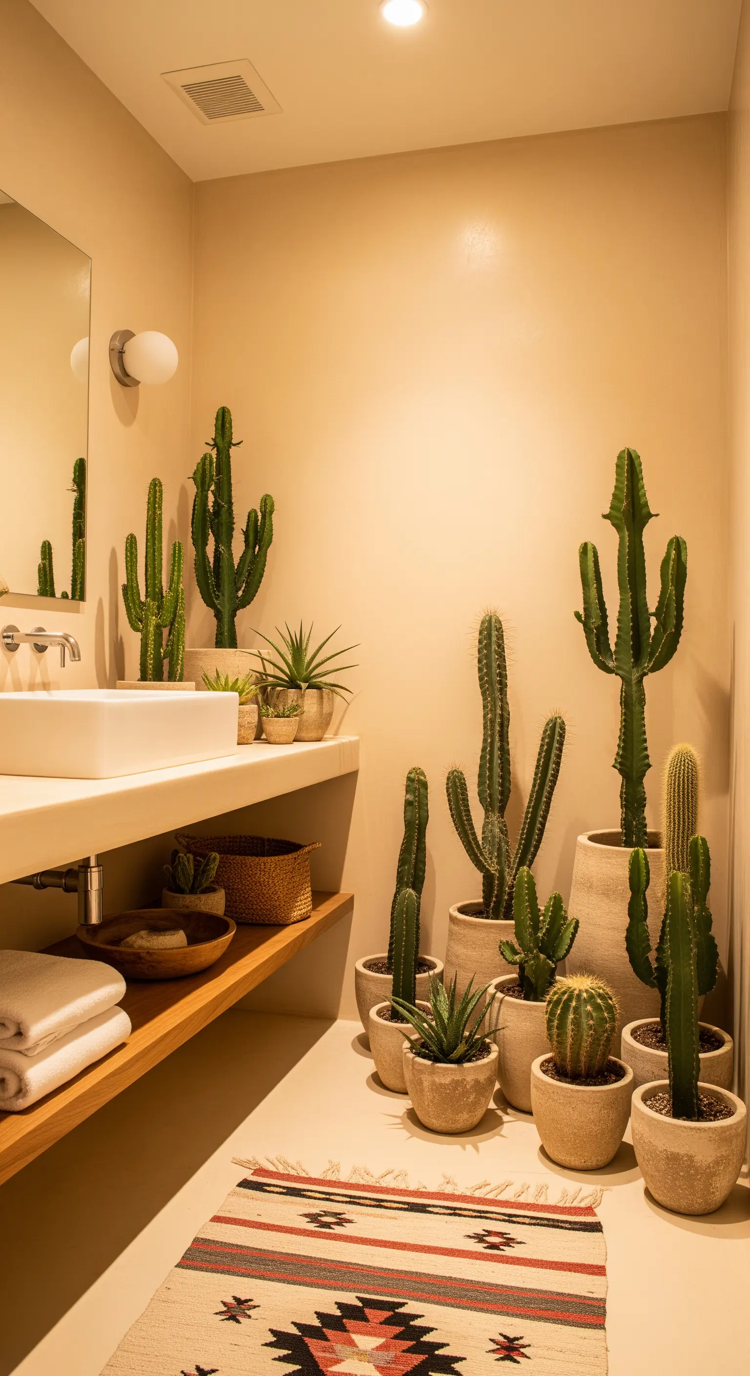 Bagno con una collezione di cactus di varie dimensioni e un tappeto kilim colorato.