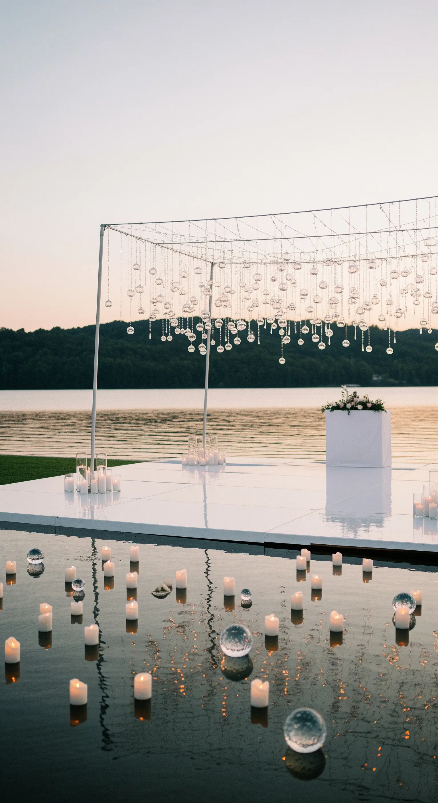 Allestimento per cerimonia sul lago con sfere di cristallo sospese e candele sull'acqua.