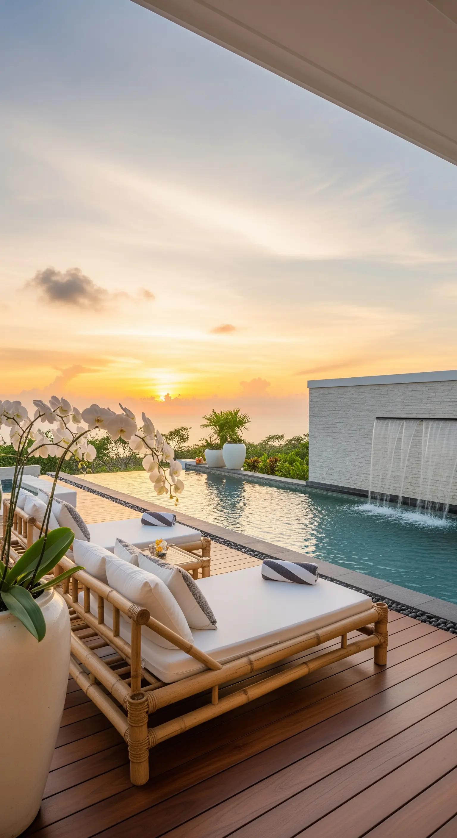 Lettini in bambù e orchidee bianche a bordo piscina al tramonto.
