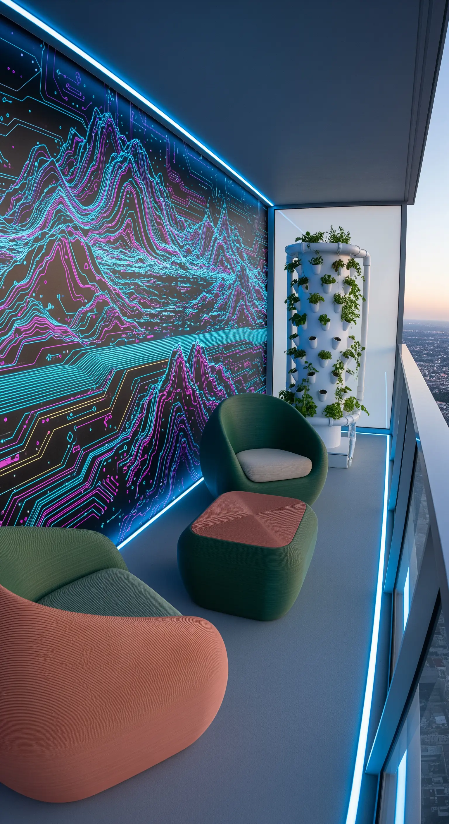 Balcone futuristico con murale al neon, arredi organici e una torre idroponica per piante.