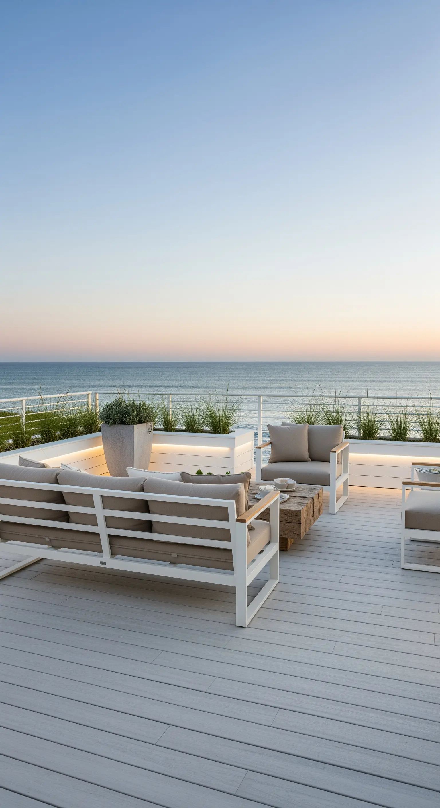 Terrazza vista mare con divani color sabbia e illuminazione LED nascosta nelle fioriere.