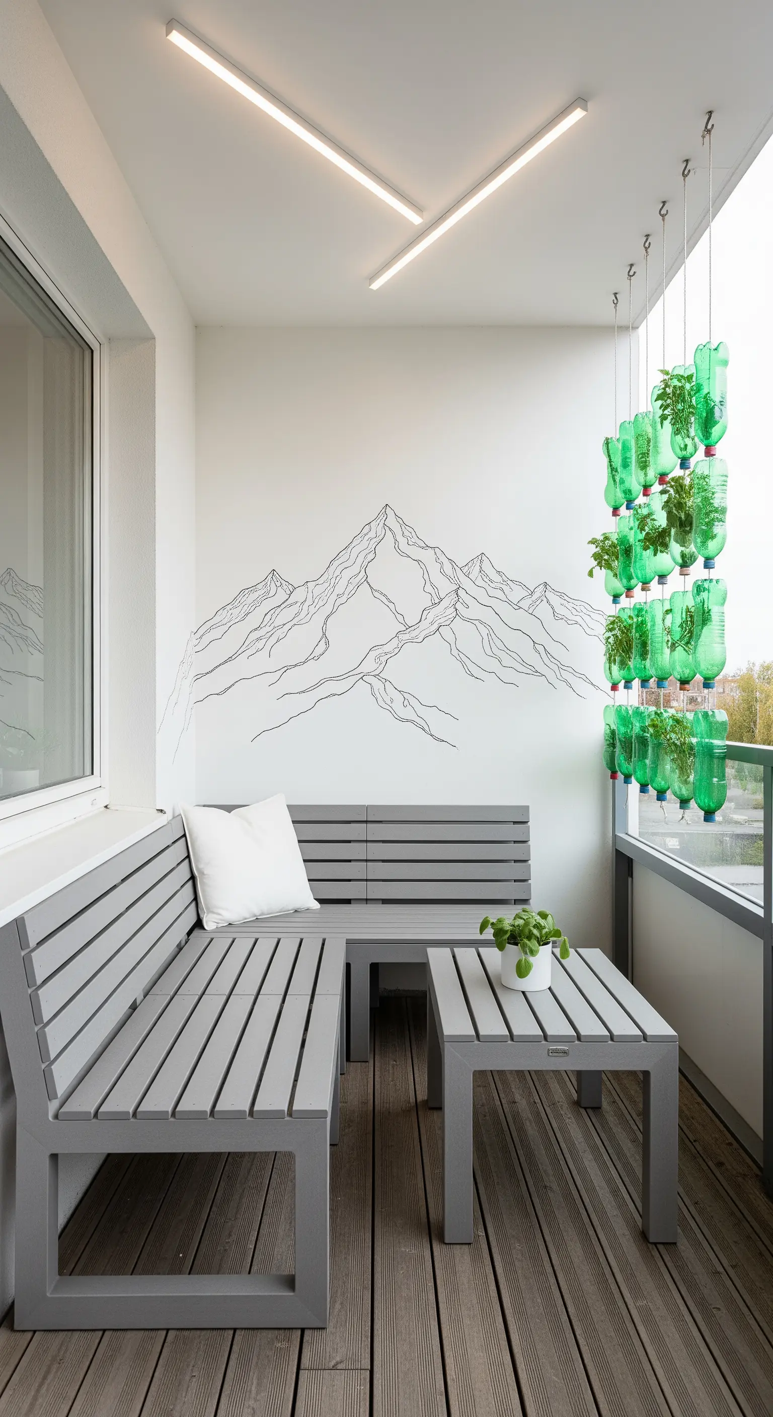 Balcone minimalista con murale stilizzato e un orto verticale fatto con bottiglie di plastica.