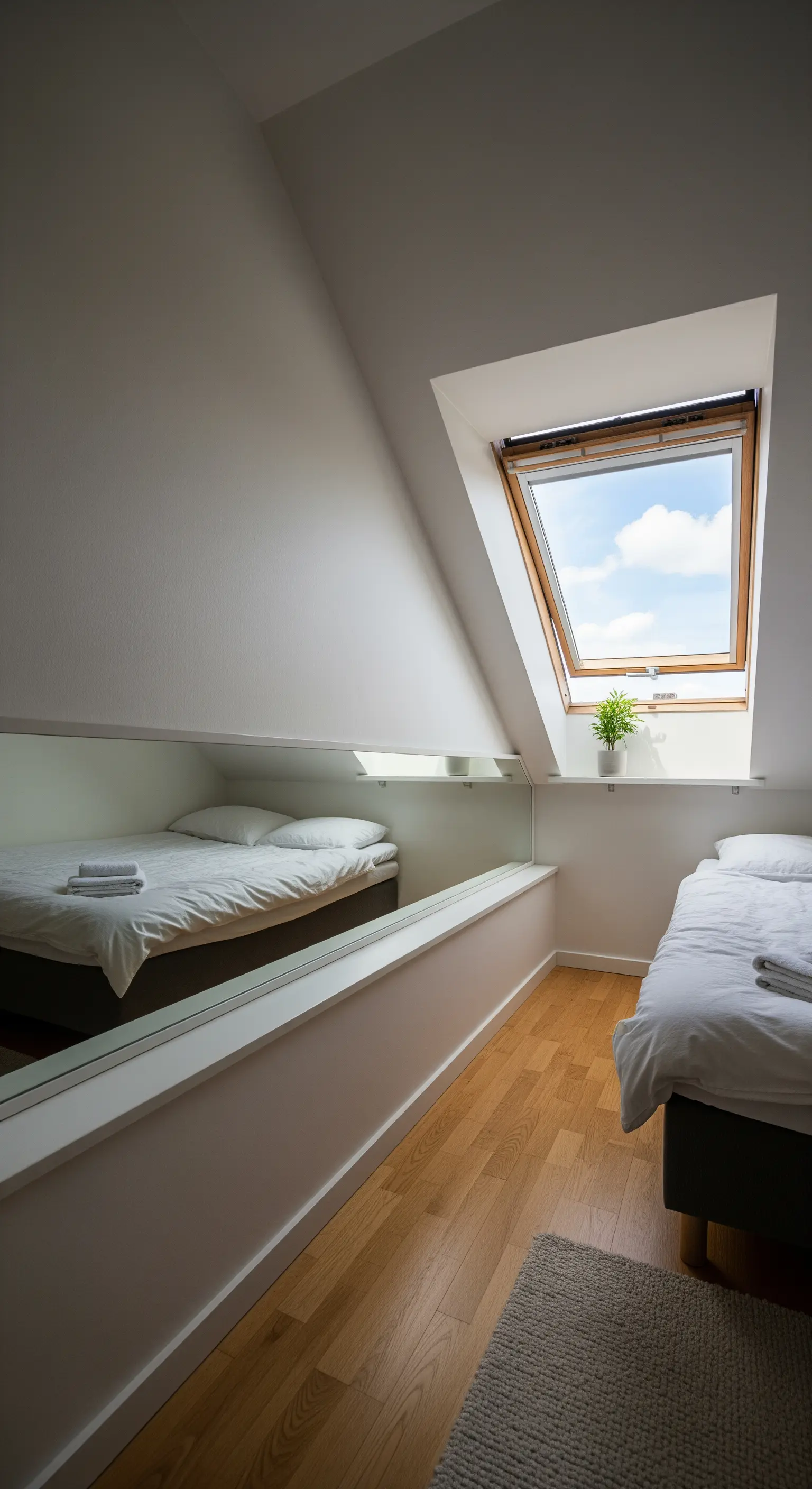 Specchio orizzontale lungo e stretto in una mansarda che raddoppia lo spazio del letto.
