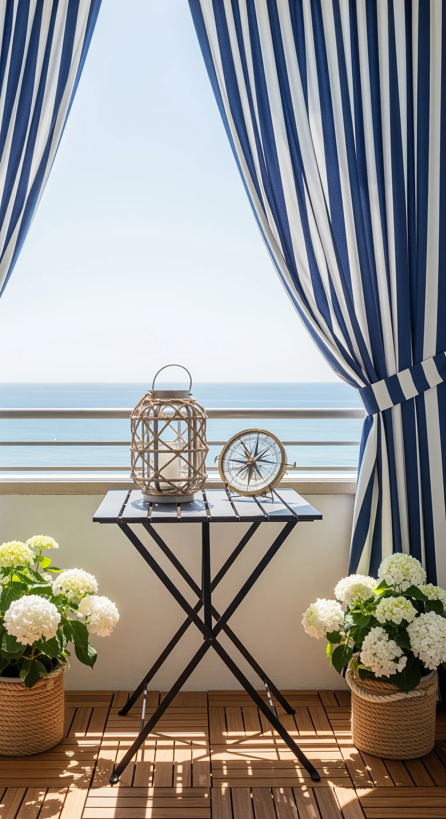 Balcone con vista mare, tende a righe blu e bianche e ortensie in cesti di vimini.