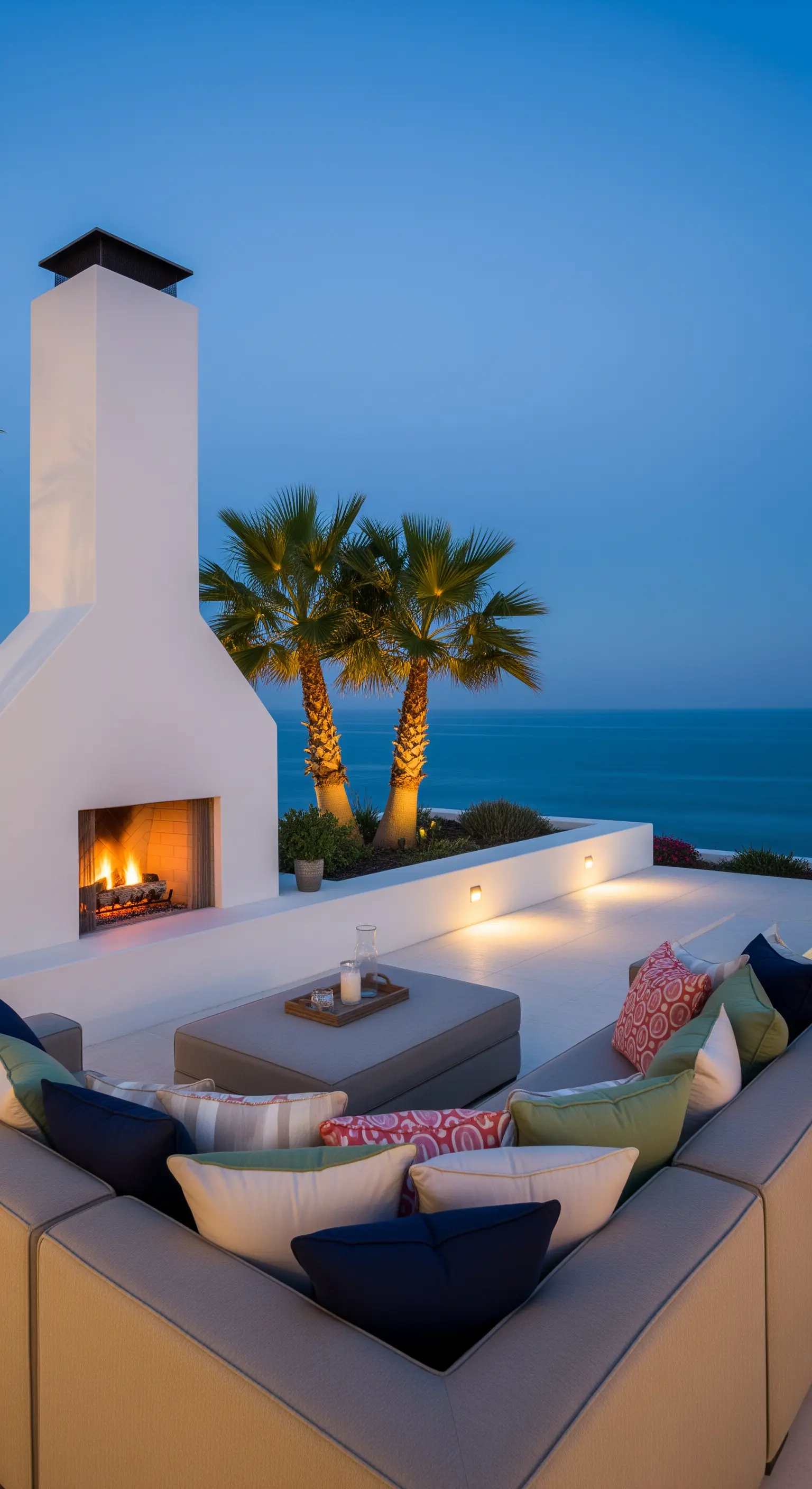 Terrazza con vista mare, camino bianco minimalista e divano angolare con cuscini colorati.