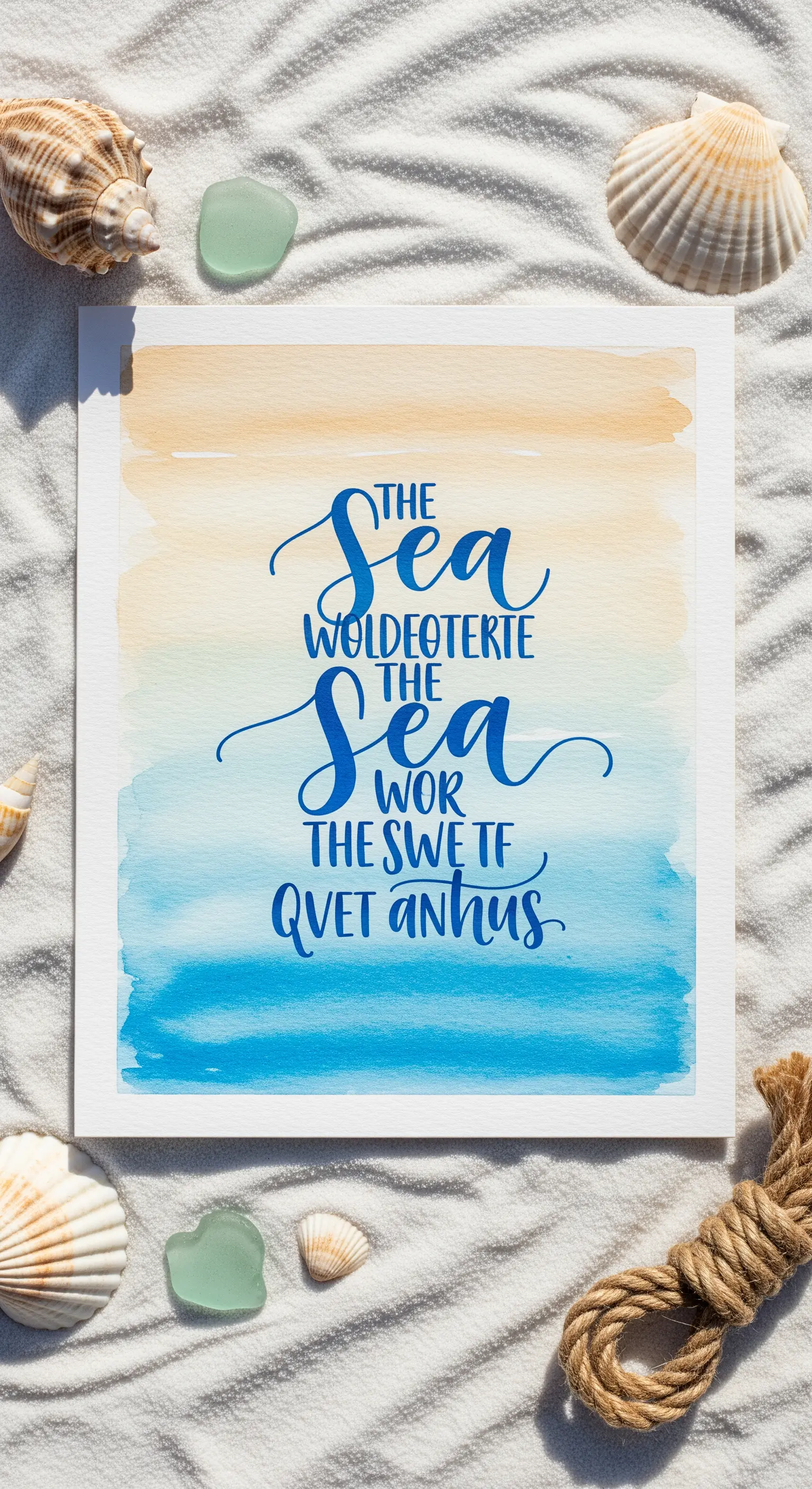 Quadro con acquerello sfumato nei toni della sabbia e del mare, circondato da conchiglie.