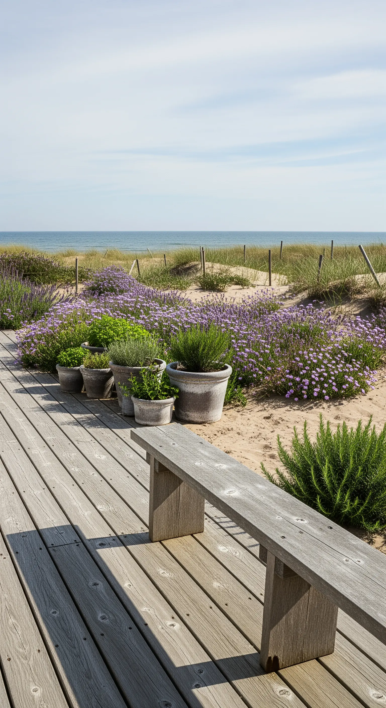 Panca in legno grigio su una passerella che porta alla spiaggia, con lavanda e piante costiere.