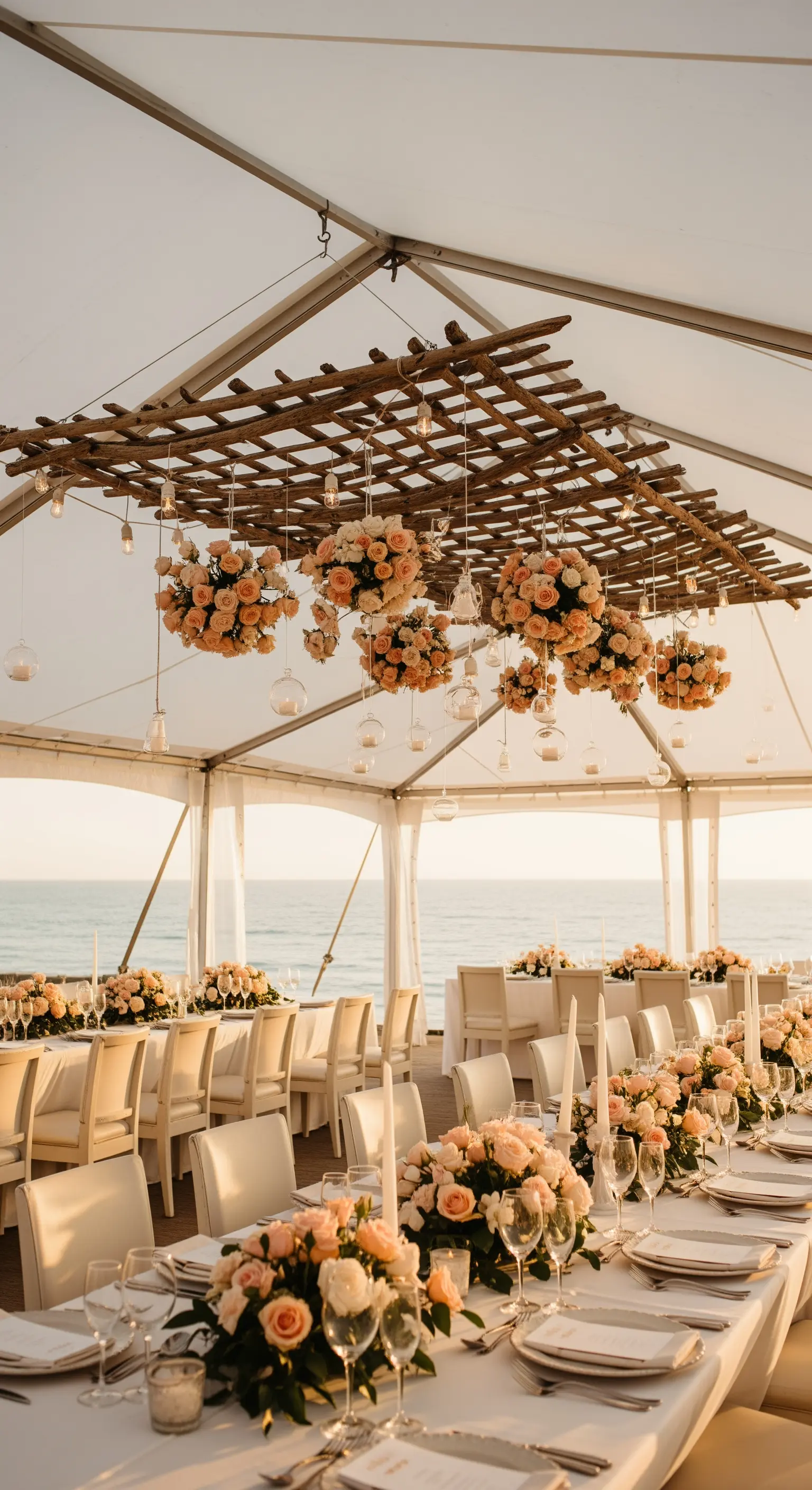 Composizioni sferiche di rose color pesca appese a un pergolato di legno sotto un tendone.