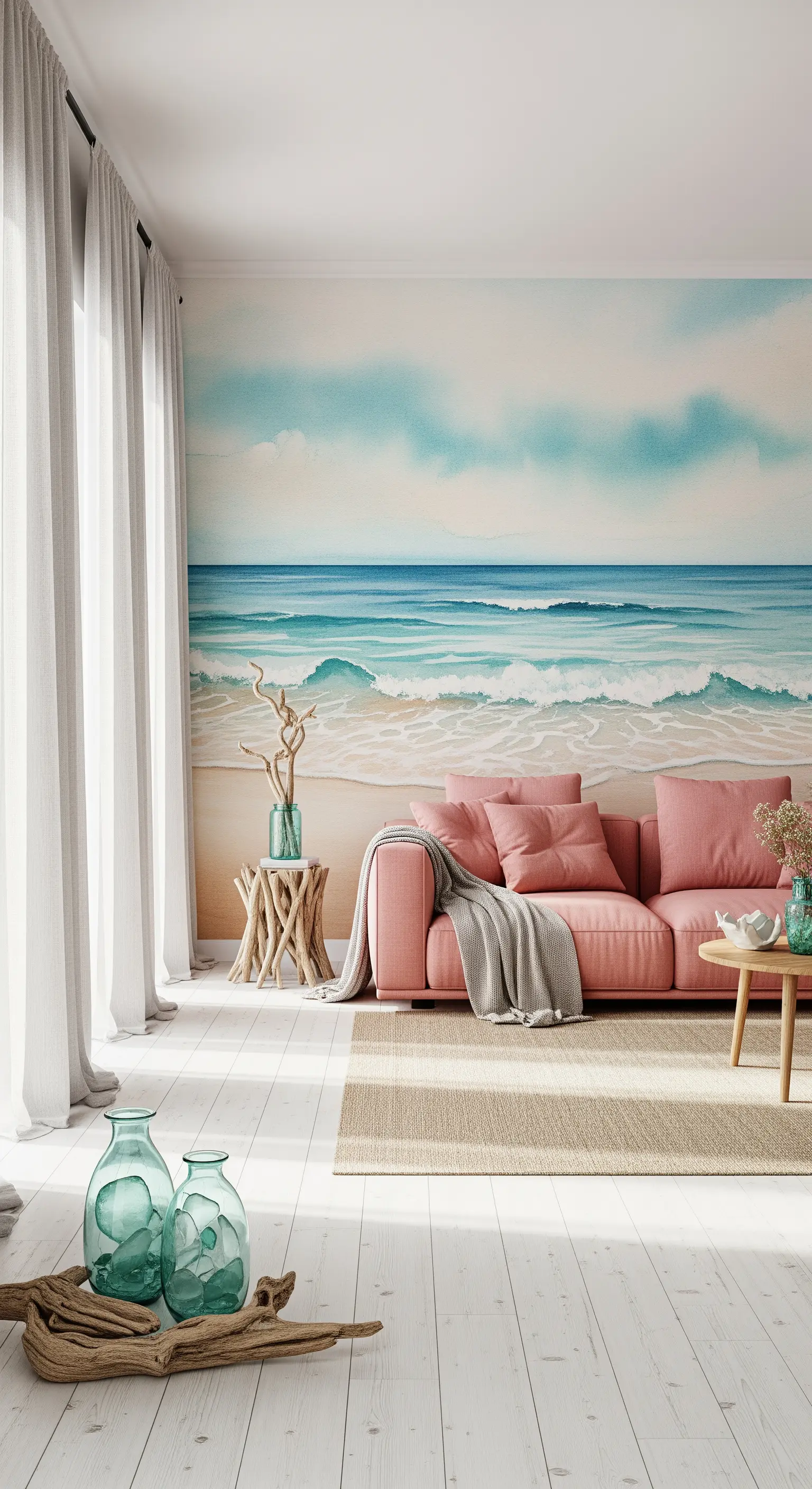Salotto in stile costiero con murale ad acquerello di una spiaggia e divano rosa.