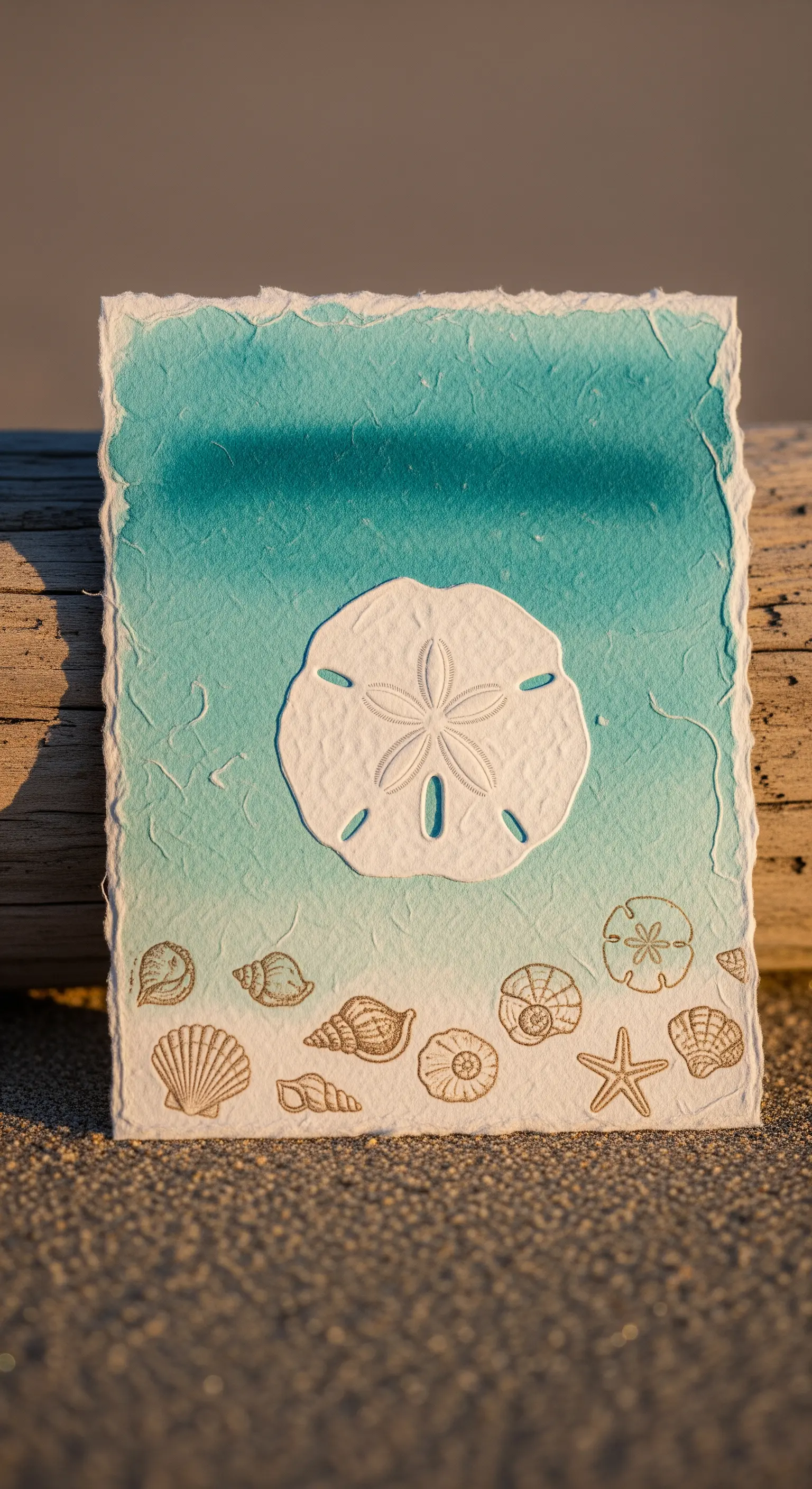 Invito a tema mare con sfondo sfumato azzurro e dollaro della sabbia in rilievo.