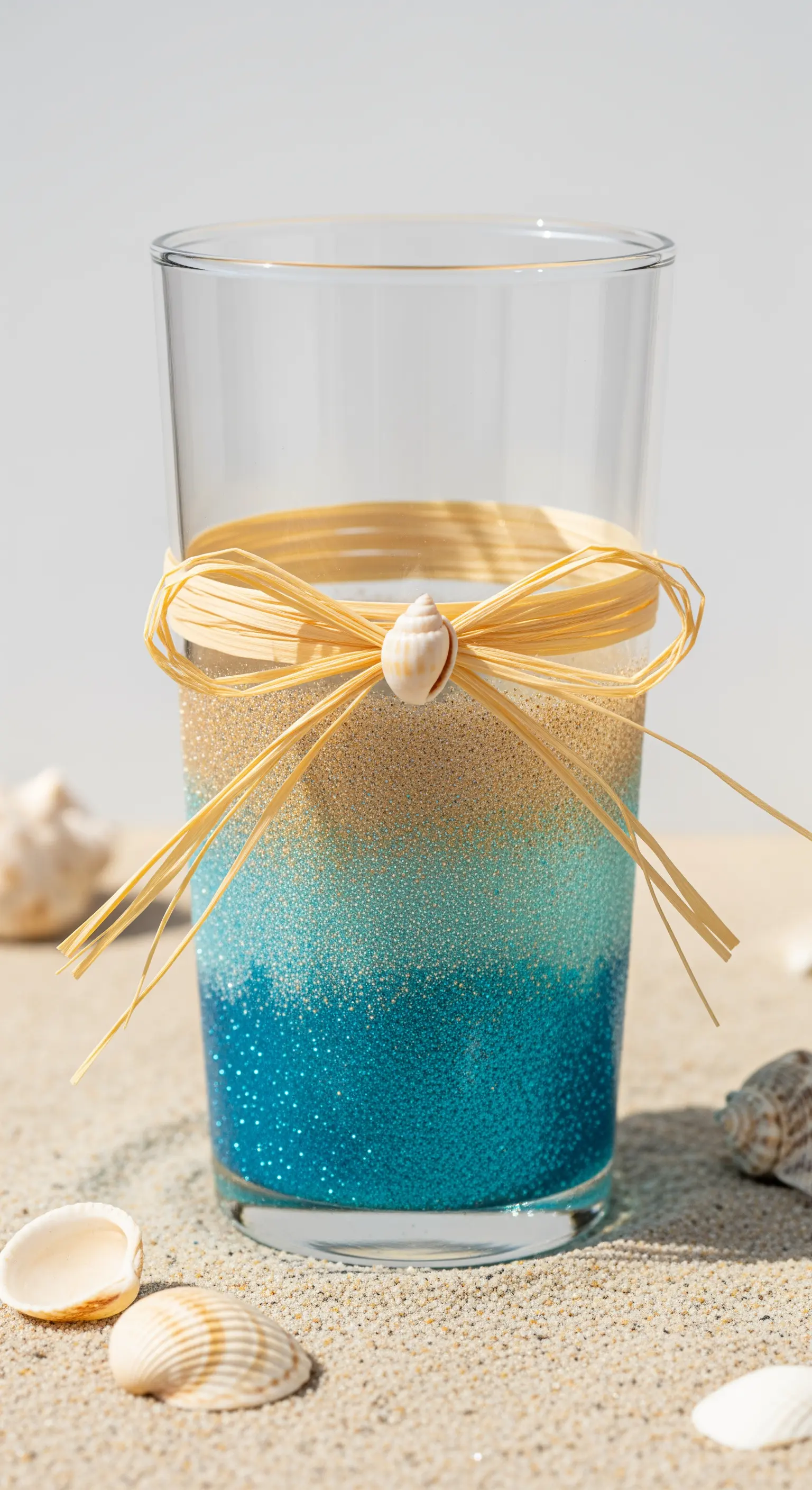 Bicchiere con glitter sfumato nei toni del mare e della sabbia, con fiocco di rafia.