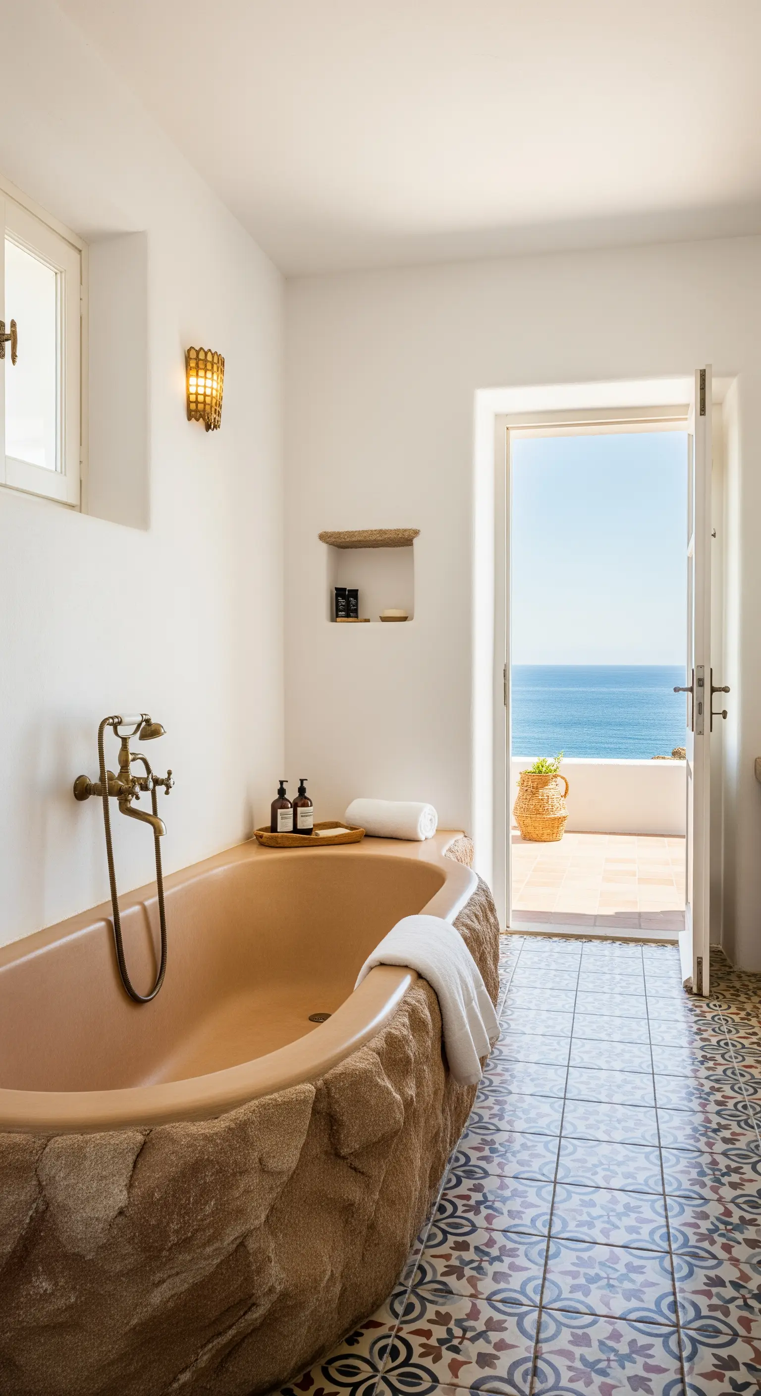 Vasca in pietra color terracotta in un bagno con vista mare e piastrelle decorate.