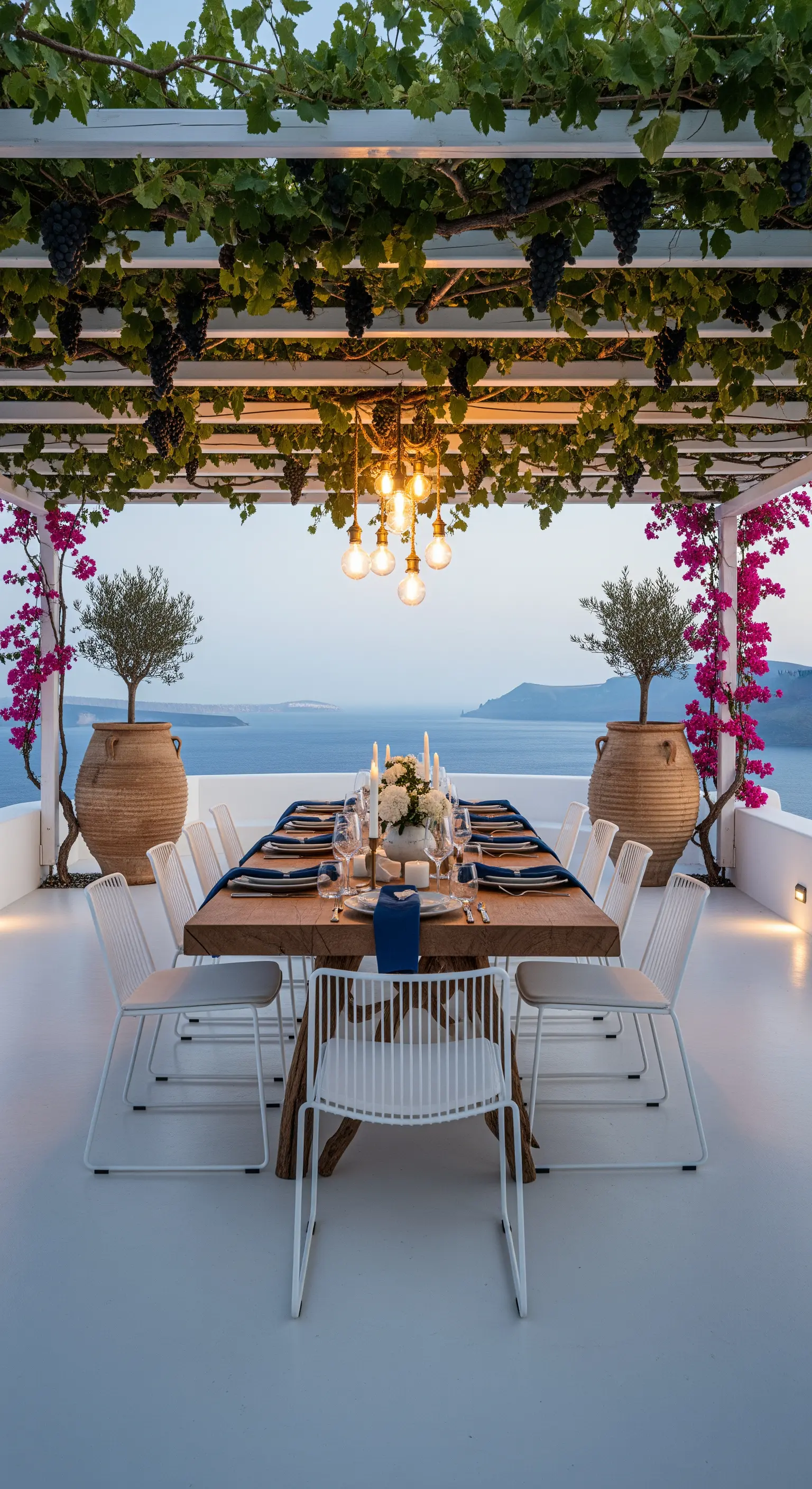Tavola allestita sotto un pergolato di vite bianco con vista sul mare