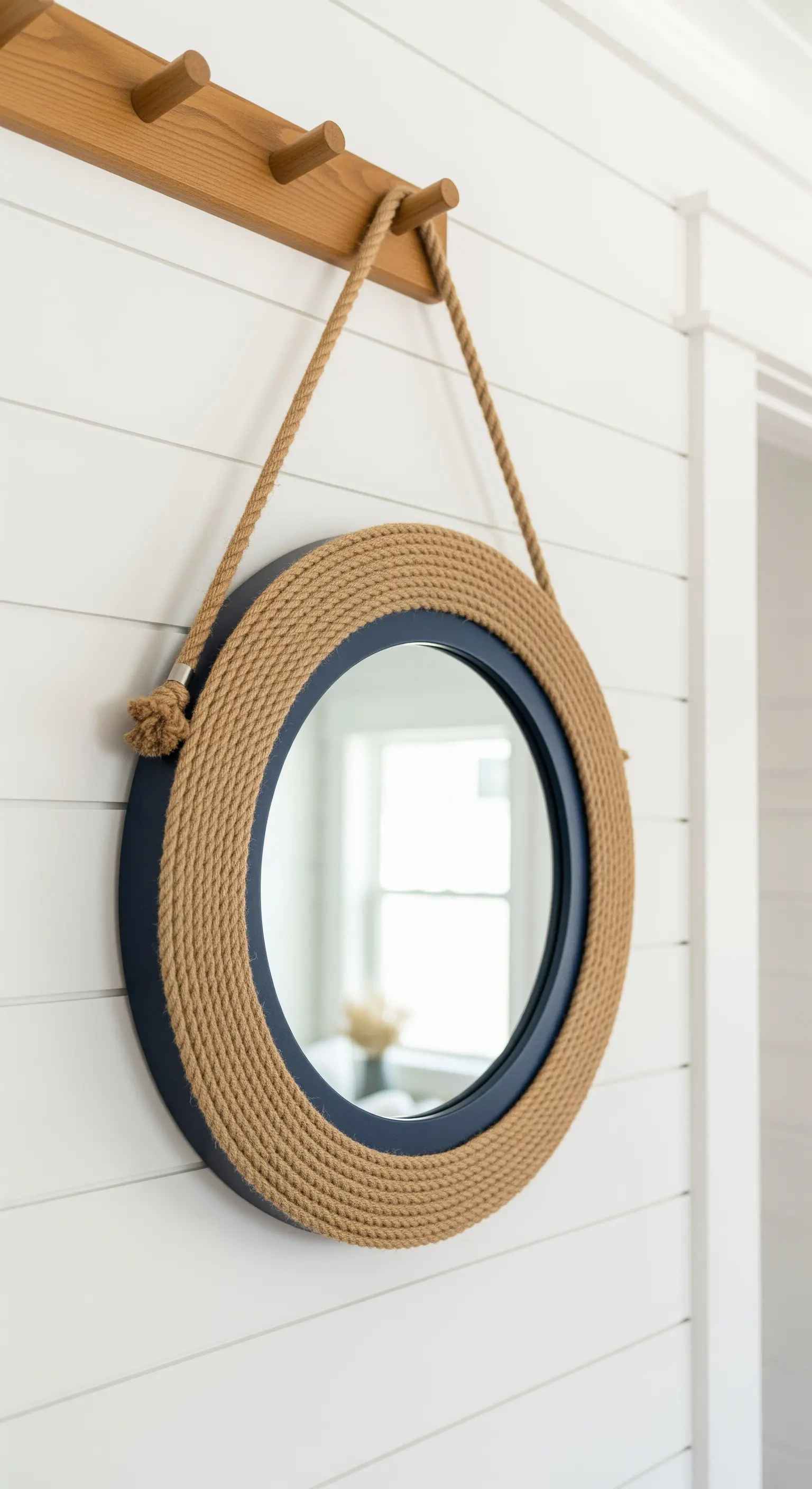 Specchio rotondo con cornice blu avvolta da una spessa corda di iuta, appeso a una parete bianca.