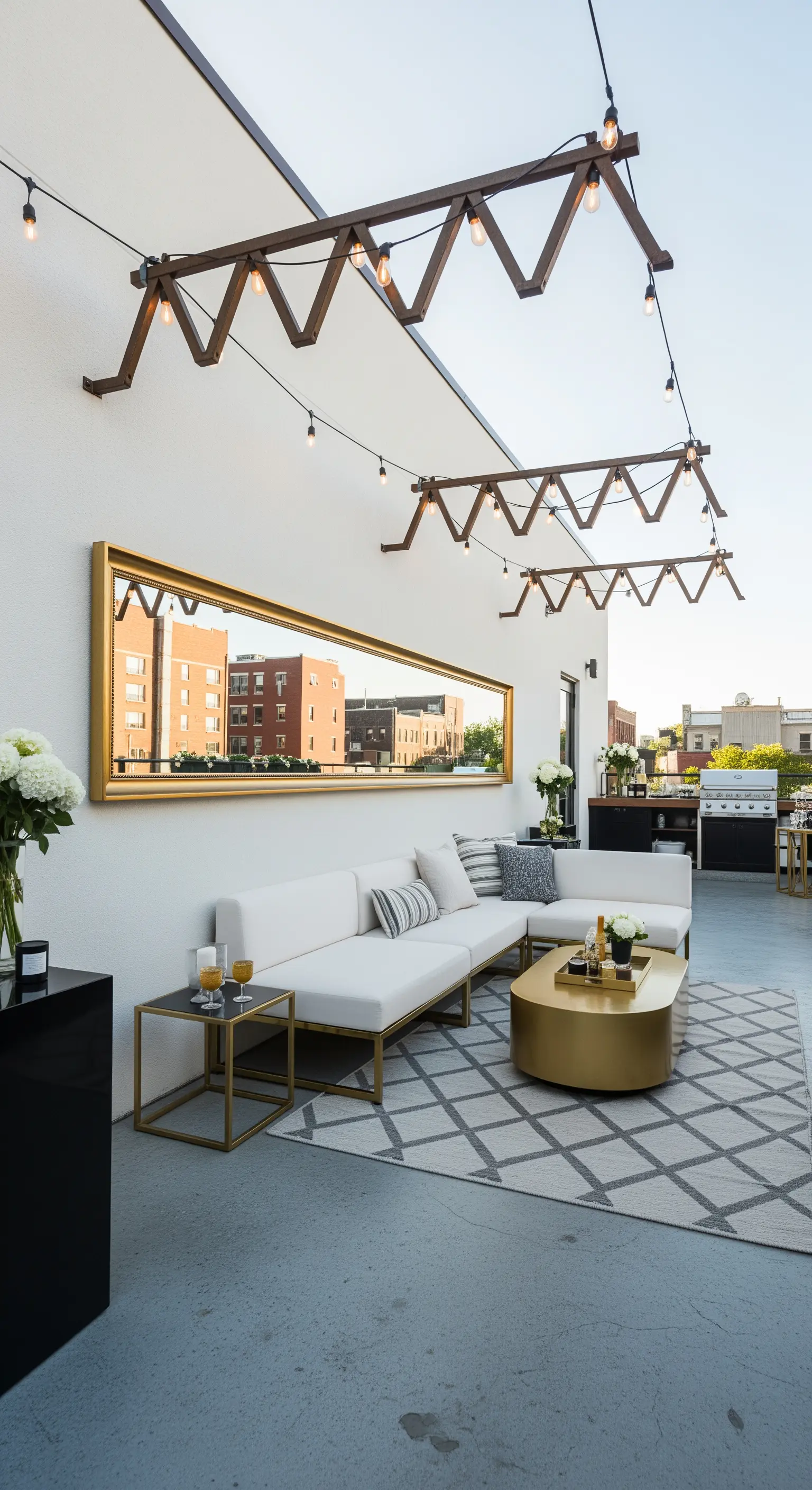 Terrazza moderna con divano bianco e un grande specchio dorato orizzontale che riflette la città