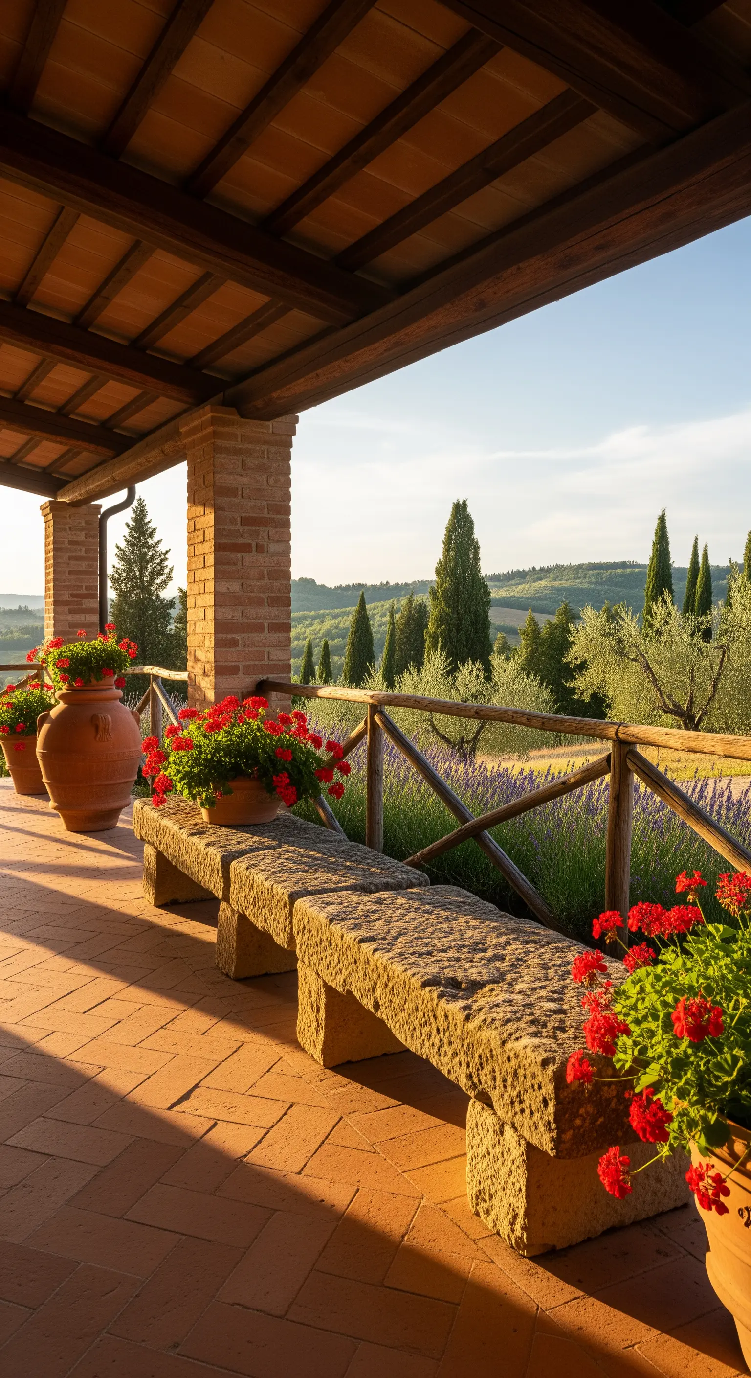 Portico toscano con panca in pietra, vasi in terracotta e vista sulle colline al tramonto.