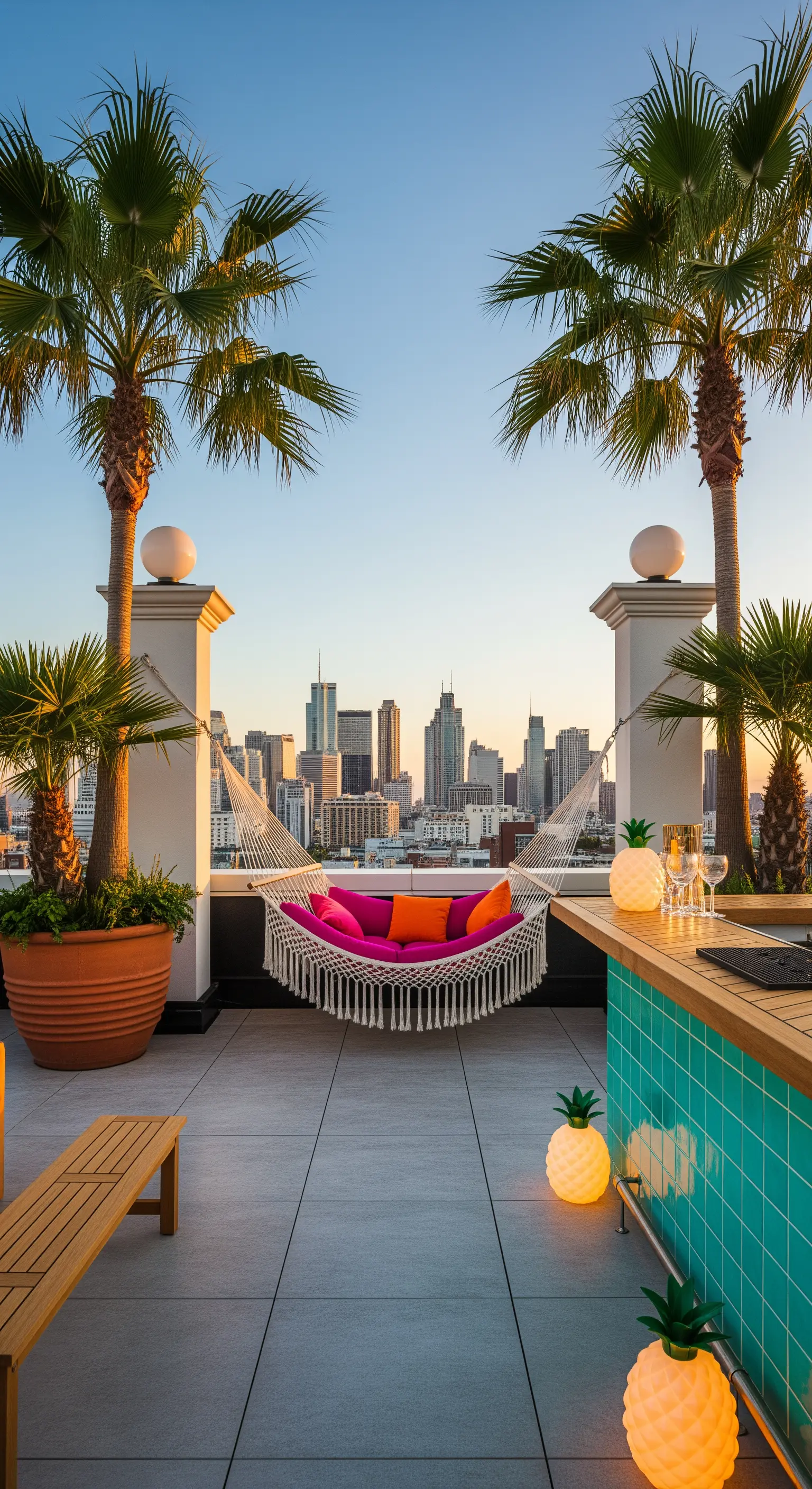 Amaca con cuscini colorati su una terrazza con vista sulla città e bancone bar turchese.