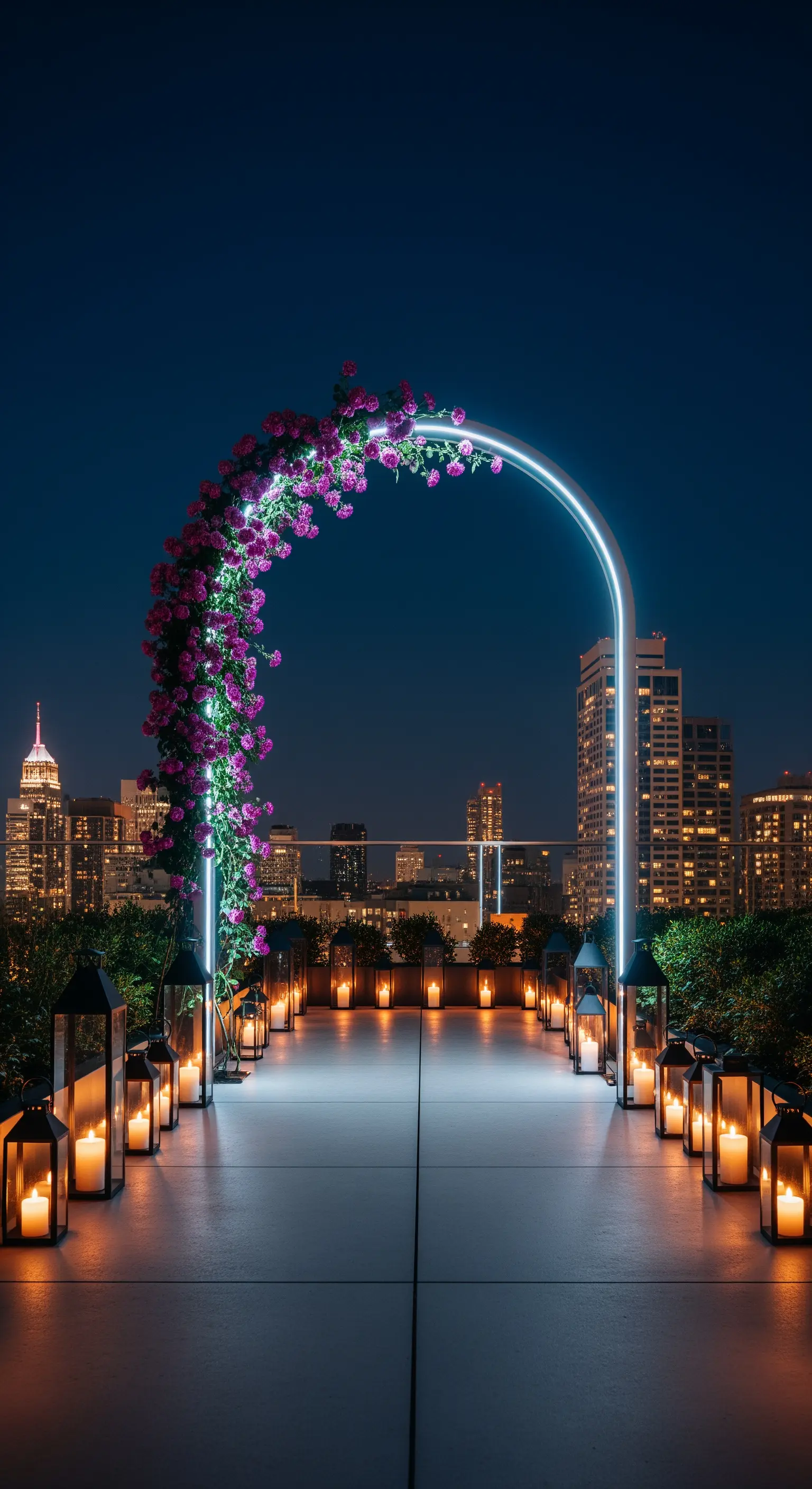 Arco luminoso al neon su un rooftop cittadino, decorato con fiori viola e lanterne a terra.