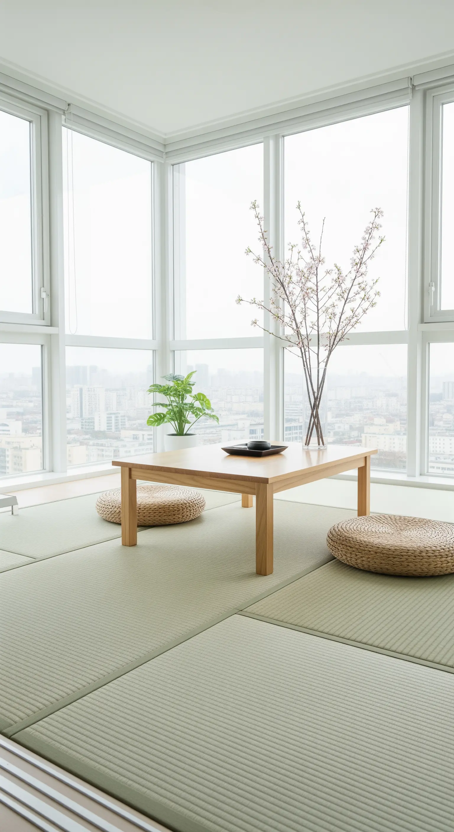 Stanza luminosa con pavimento in tatami, tavolino basso e ampie finestre con vista sulla città.