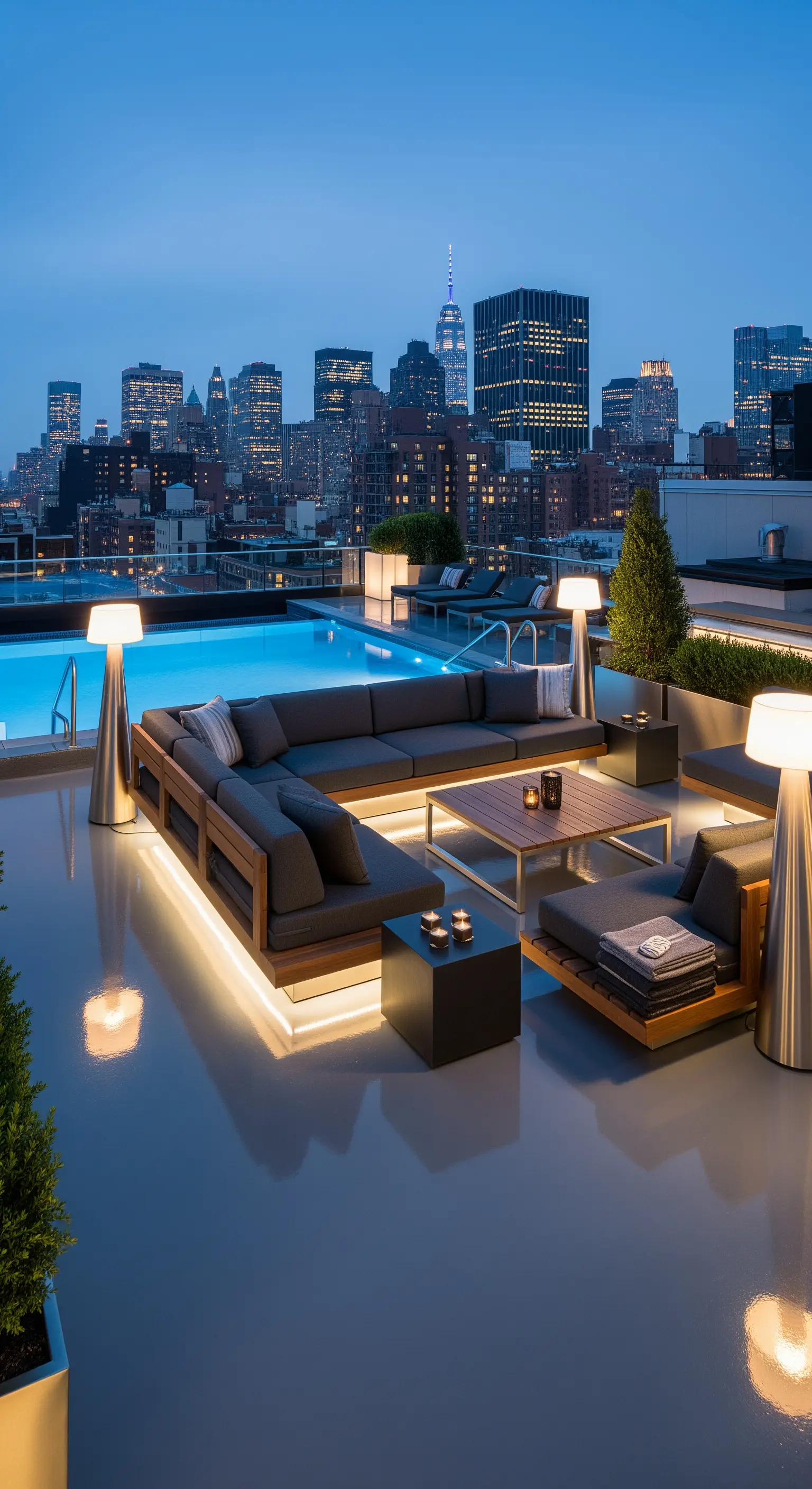 Rooftop a New York con divano modulare scuro e illuminazione a LED integrata sotto la seduta.