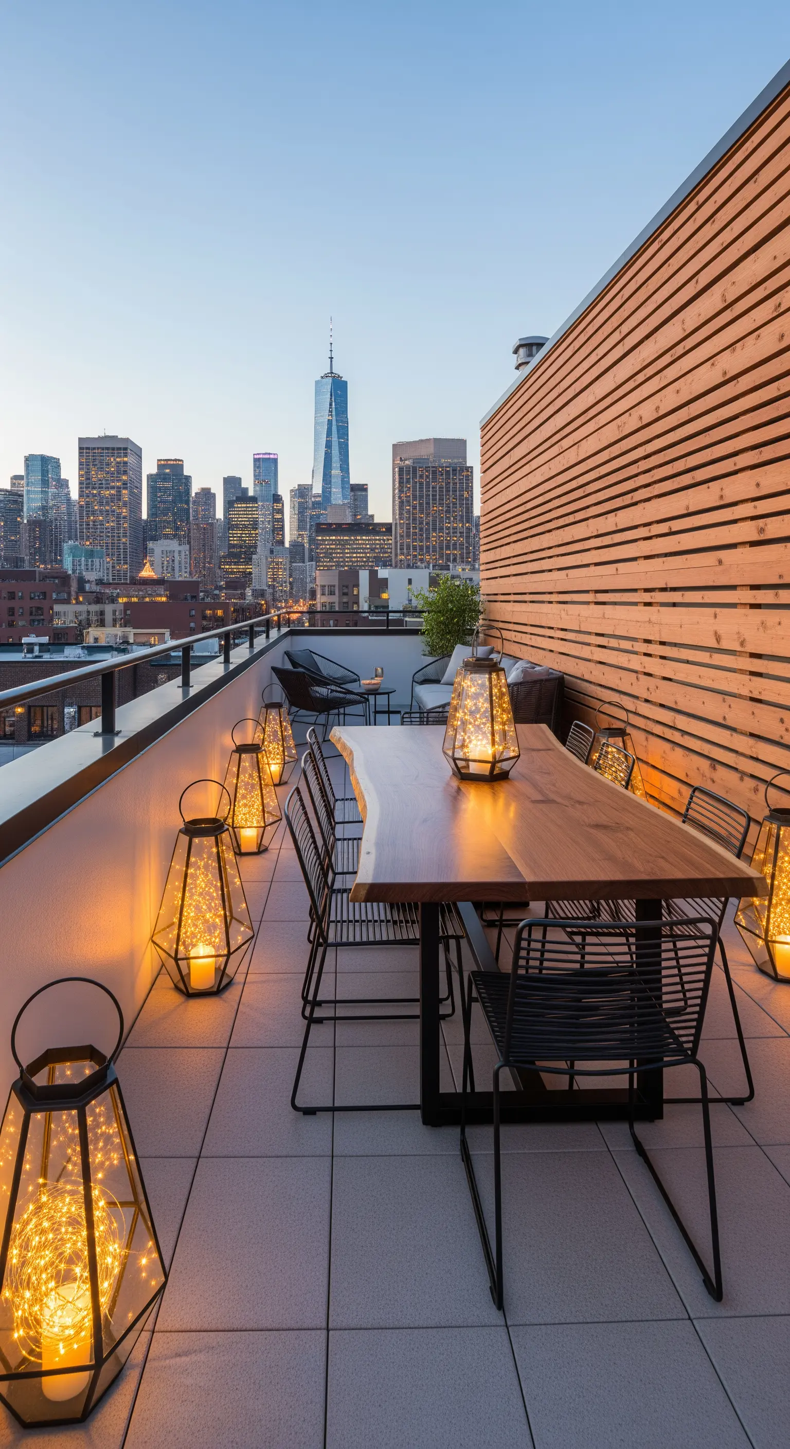 Terrazza urbana con tavolo da pranzo in legno e lanterne illuminate da fili di micro-LED.