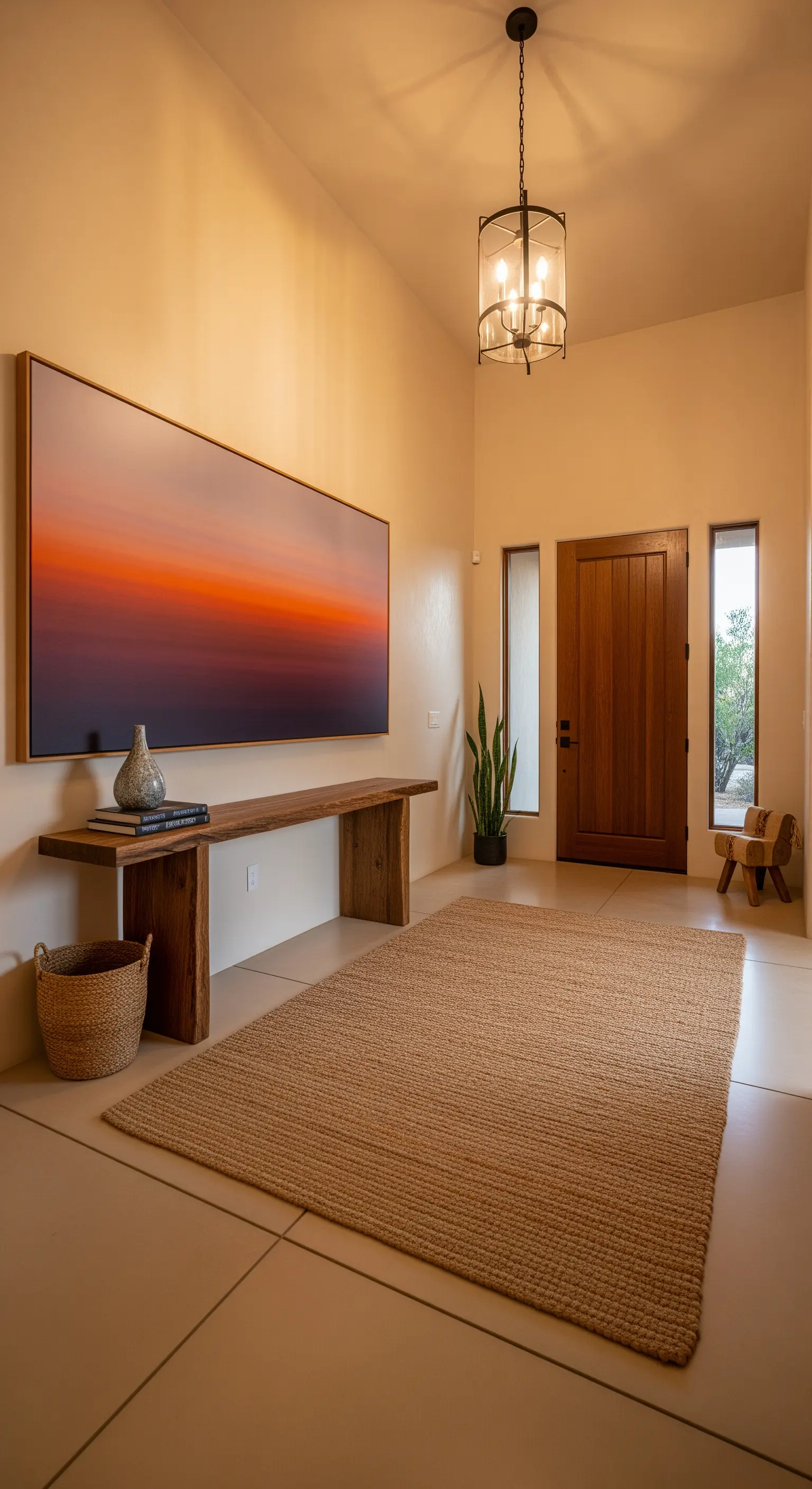 Ingresso caldo con quadro astratto di un tramonto, consolle in legno grezzo e tappeto in juta.