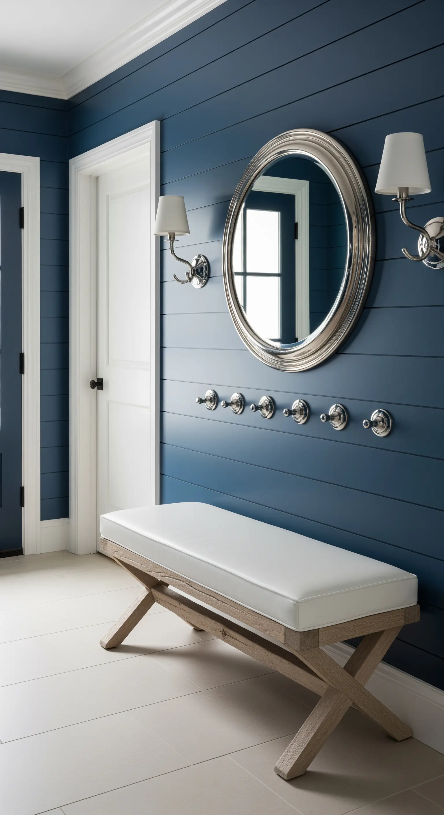 Parete a doghe orizzontali blu navy, panca bianca e dettagli in metallo argentato.