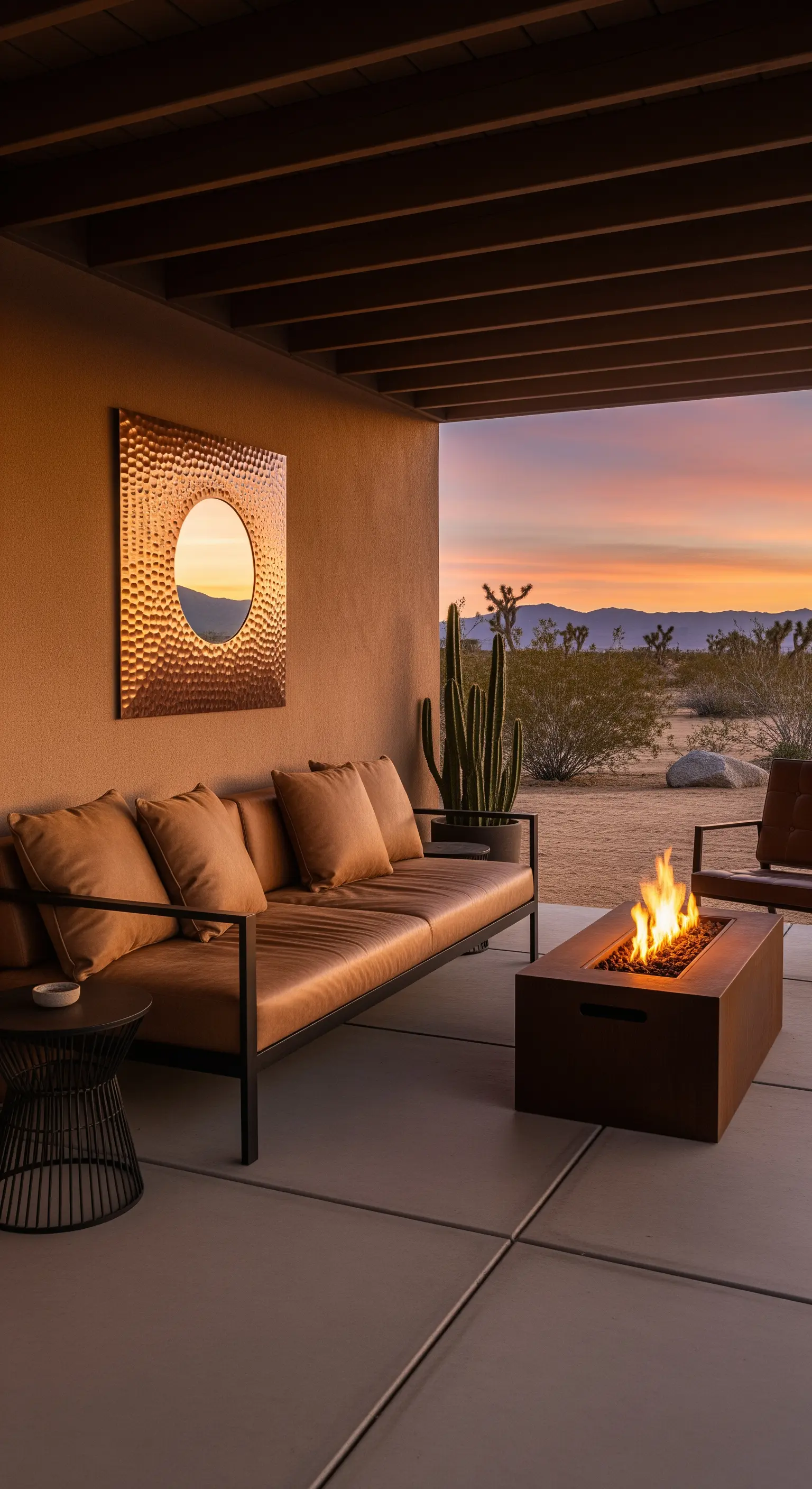 Patio moderno nel deserto con divano in pelle, braciere e specchio in rame.