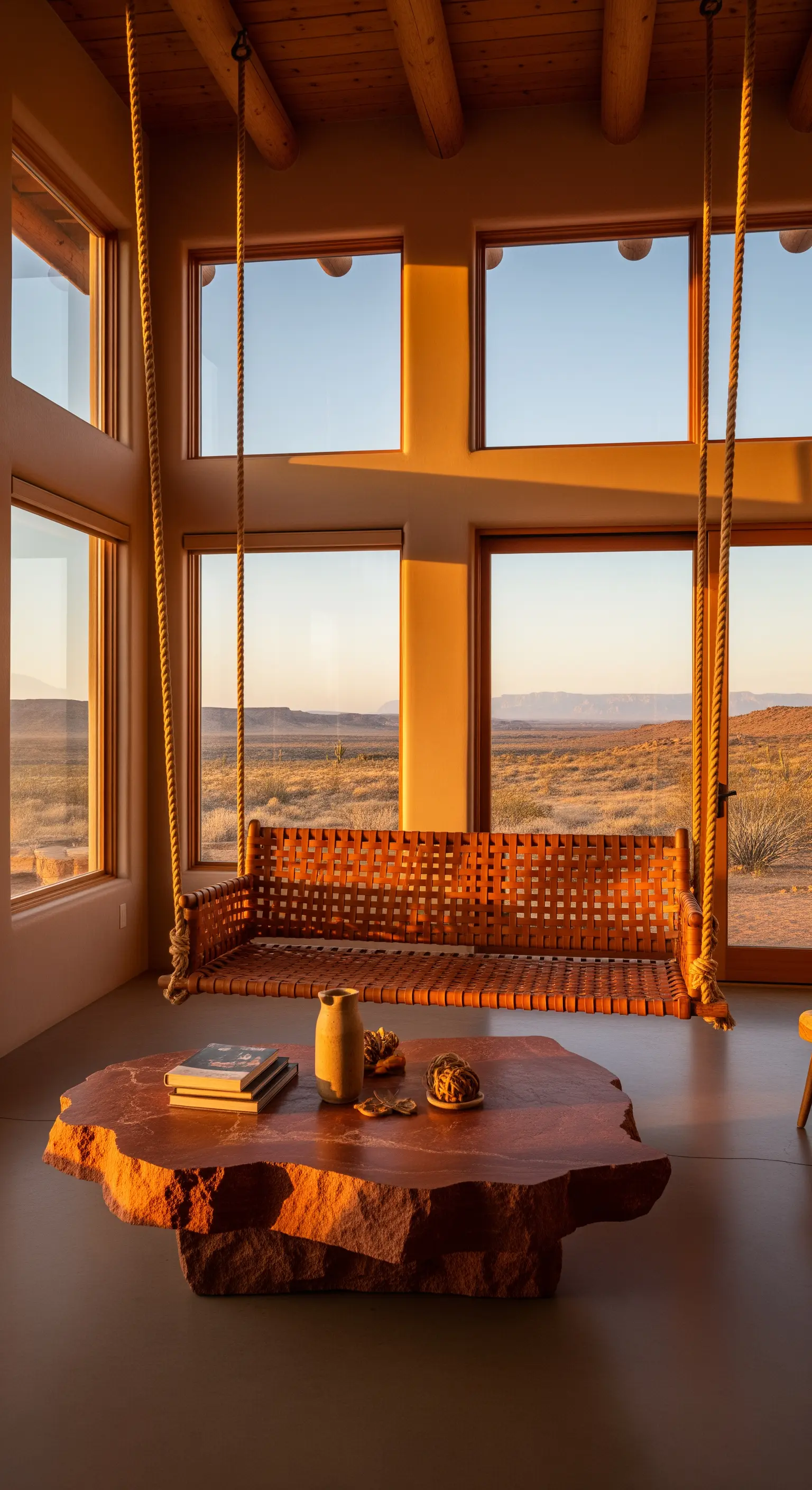Divano sospeso in cuoio intrecciato con vista sul deserto e tavolino in pietra rossa.